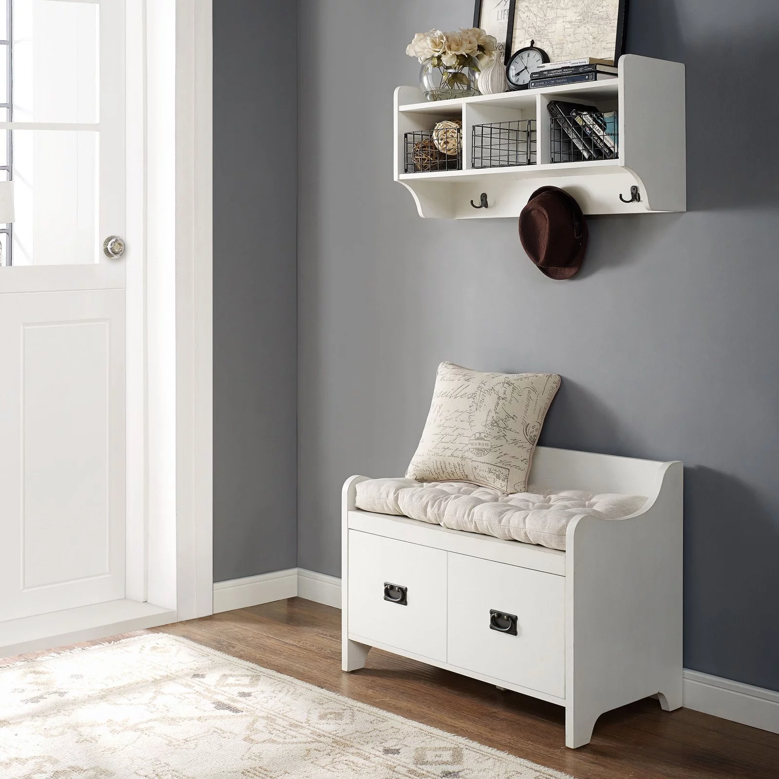 Crosley KF60003WH 2 Piece Fremont Entryway Kit - Bench, Shelf, Distressed White