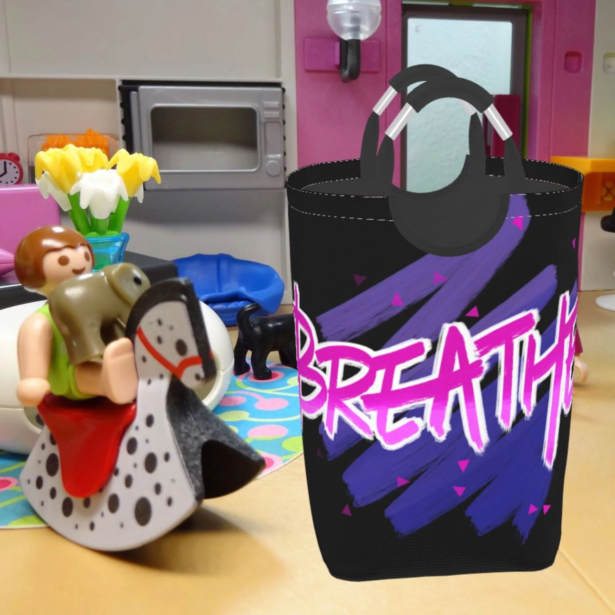 TEQUAN 50L Large Rectangular Laundry Hamper with Aluminum Handles, Pink Letters Breathe Prints Waterproof Foldable Dirty Clothes Basket