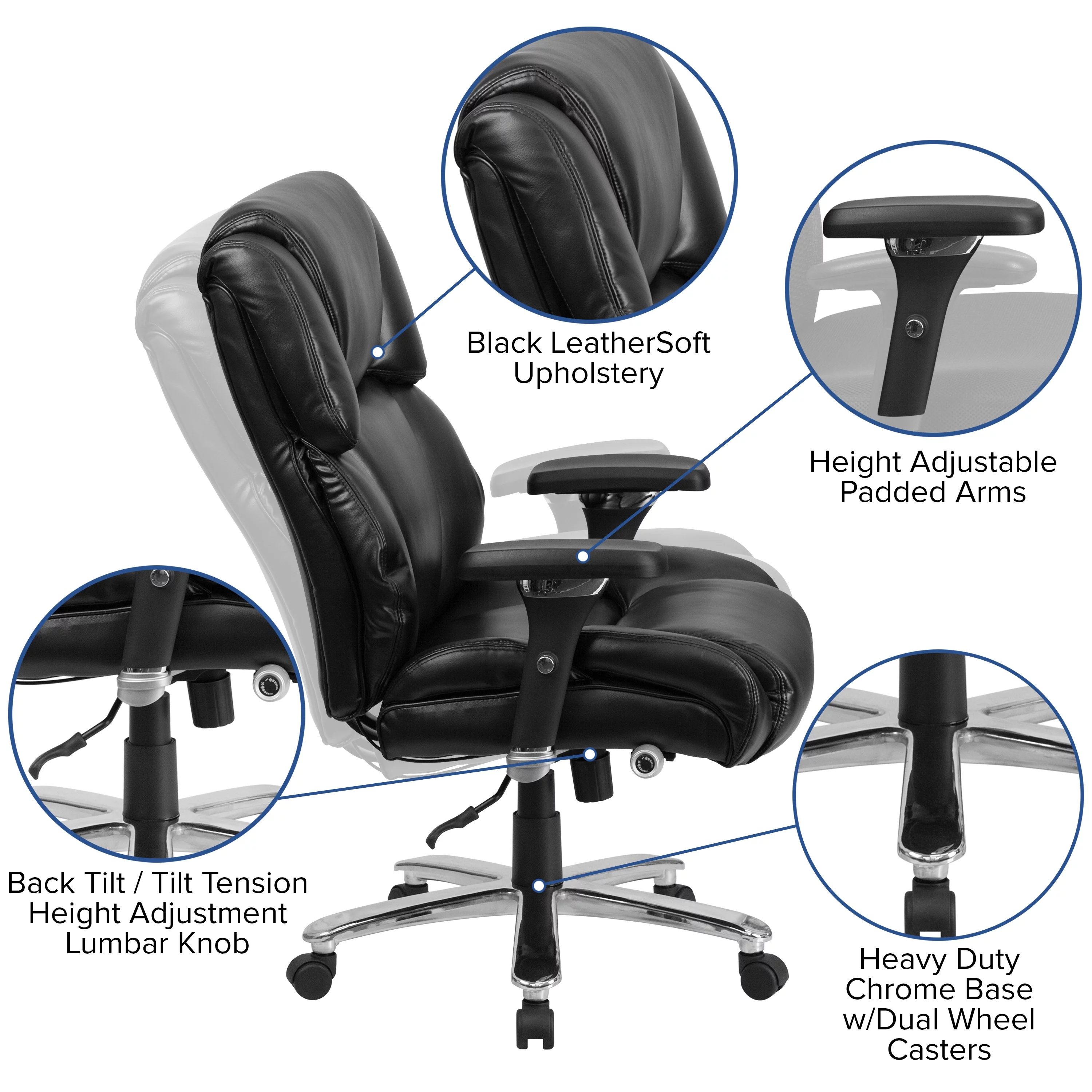 Emma + Oliver 24/7 400 lb. High Back Black LeatherSoft Ergonomic Office Chair, Lumbar Knob