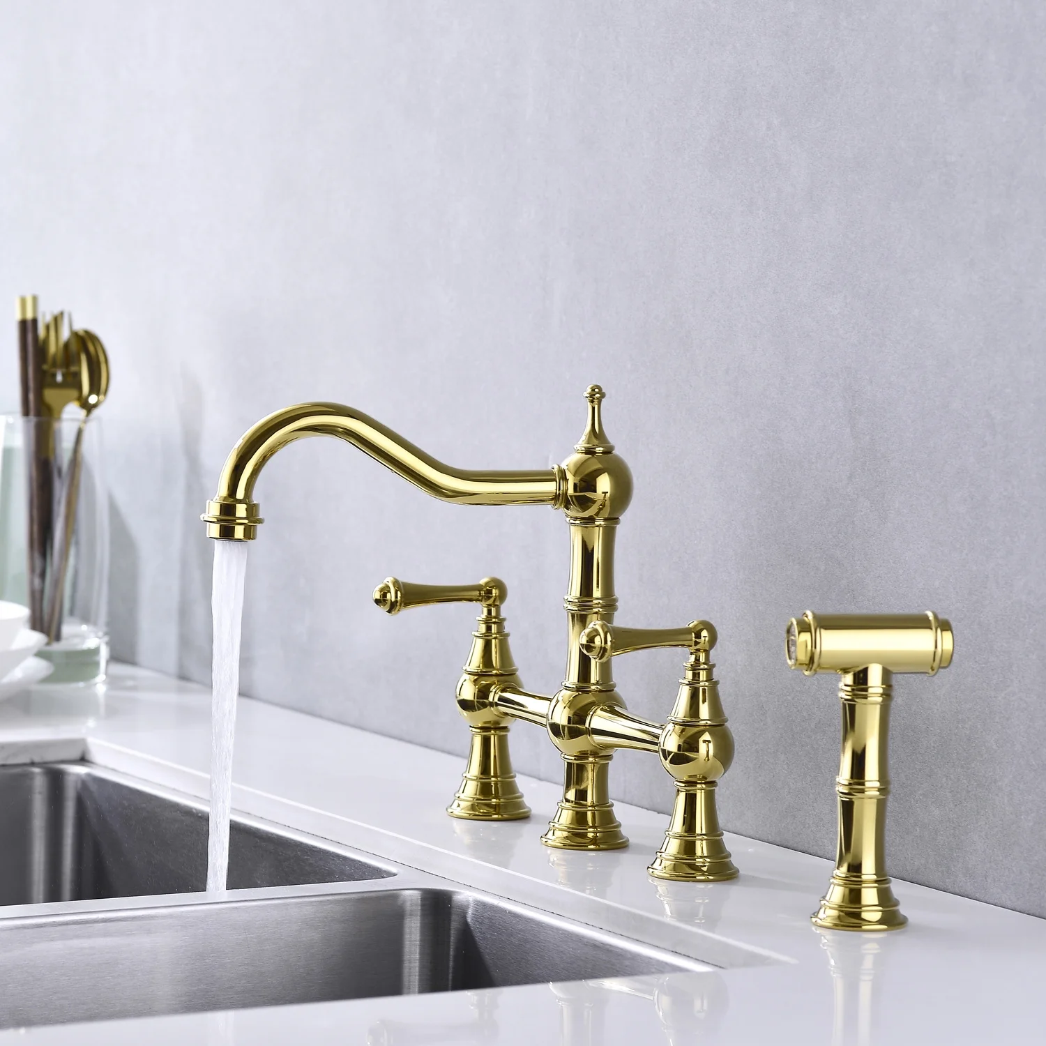 DremFaryoyo Bridge Dual Handles Kitchen Faucet With Pull-Out Side Spray in