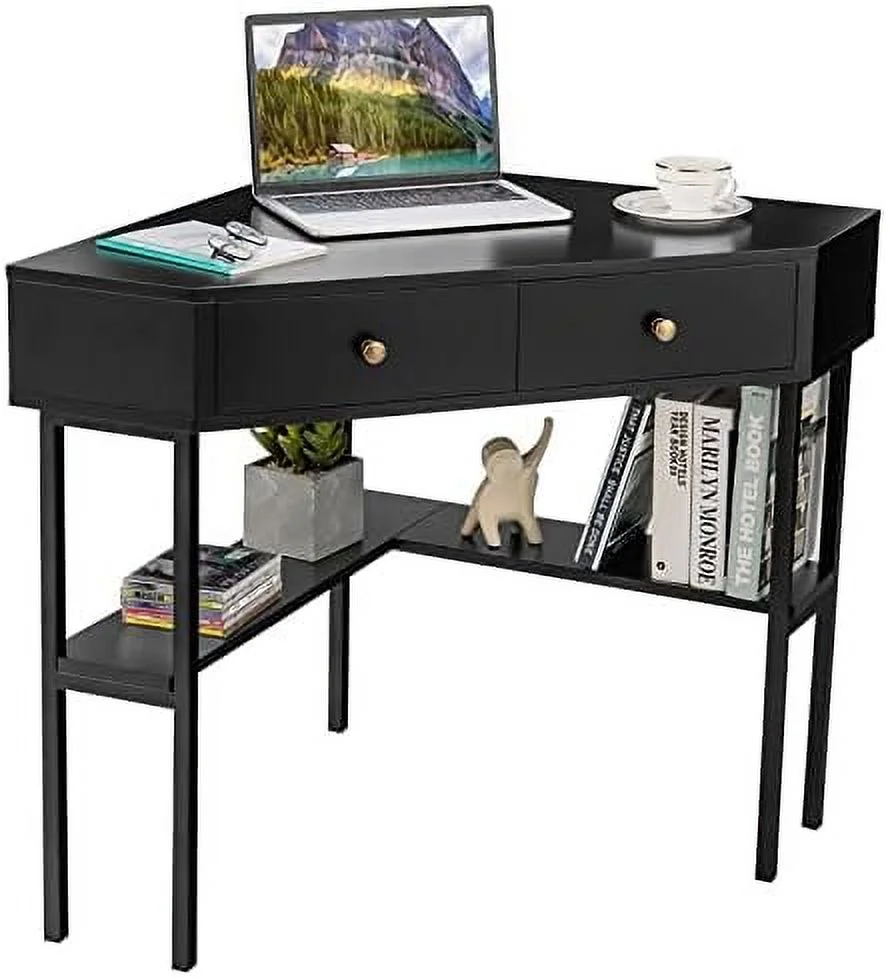 CHUIJN Corner Desk with 2 Drawers  90 Degrees Triangle Corner Computer Desk for Small Space  Bedroom Corner  Vanity Desk with  Shelves & Steel Frame  Space Saving Corner Writing Desk