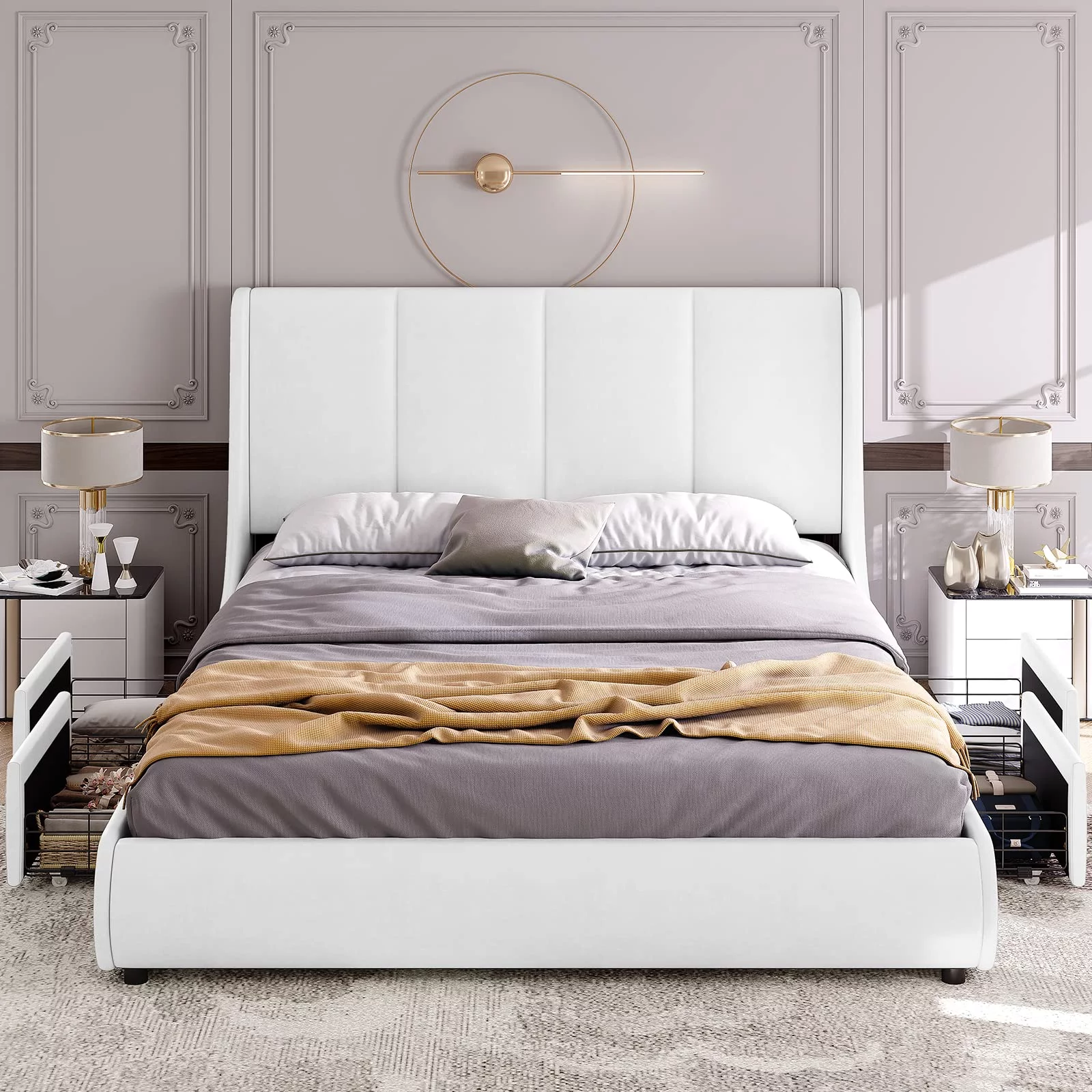 DICTAC Queen Modern Upholstered Platform Bed Frame with 4 Storage Drawers and Wingback Headboard, Faux PU Leather, Wood Slats Support, No Box Spring Needed, White