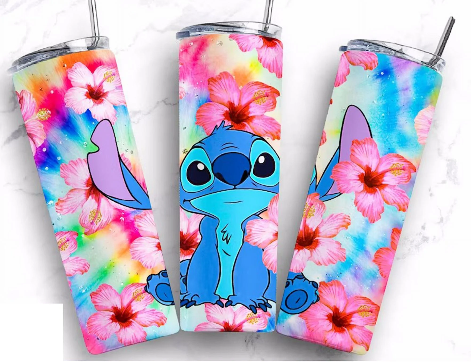 20 oz Tumbler With Lid and Straw-  Stainless Steel Vacuum Insulated Skinny Tumblers Cups - Coffee Travel Mug Cup- Birthday Christmas Gifts for Mom, Women, Sister, Friends (Stitch in Flowers)