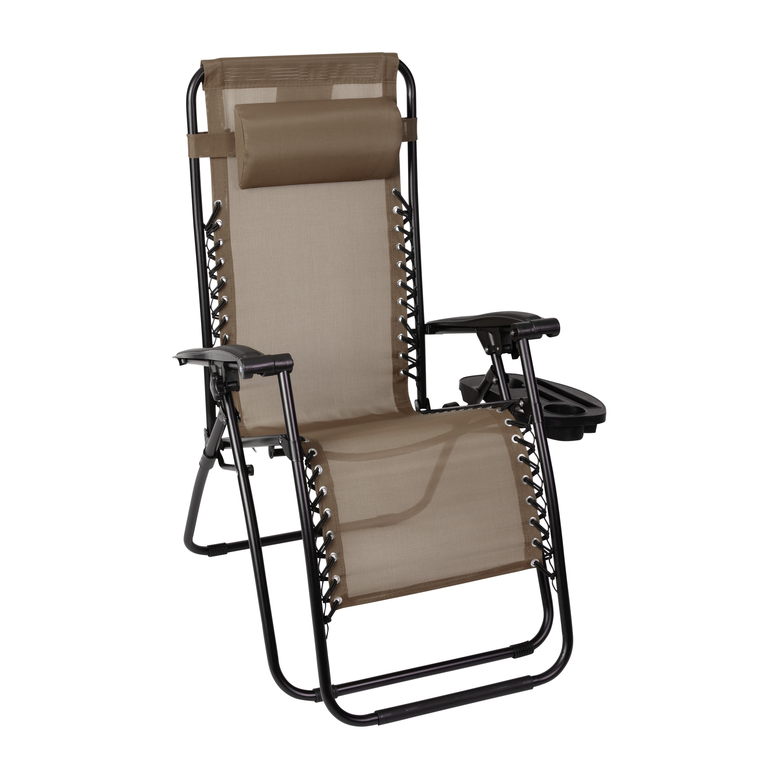 Emma + Oliver Adjustable Folding Mesh Zero Gravity Chair with Pillow and Cup Holder Tray in Brown