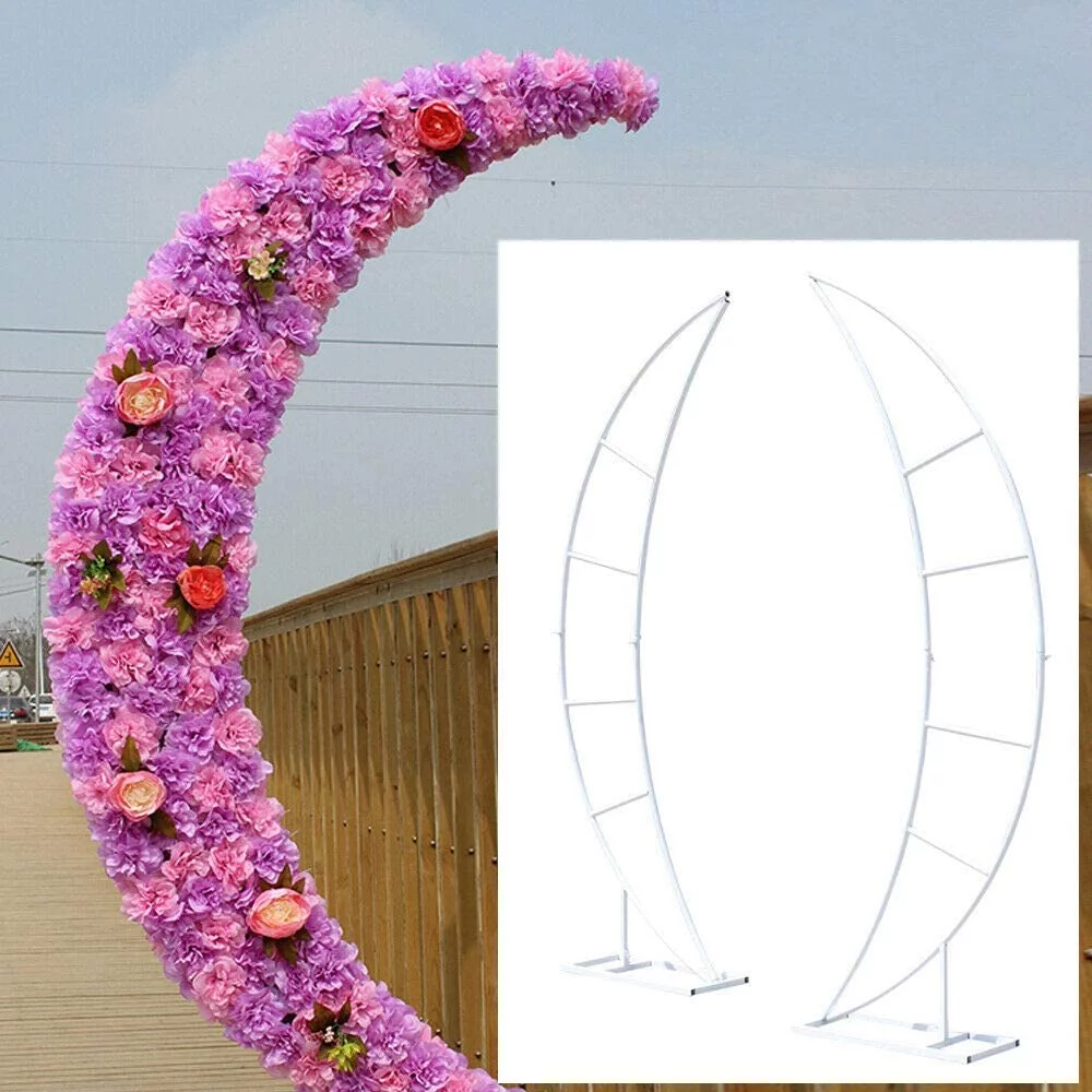 ANQIDI 6.56Ft White Crescent Moon Shape Wedding Arch 2Pcs Metal Party Backdrop Stand Flower Holder