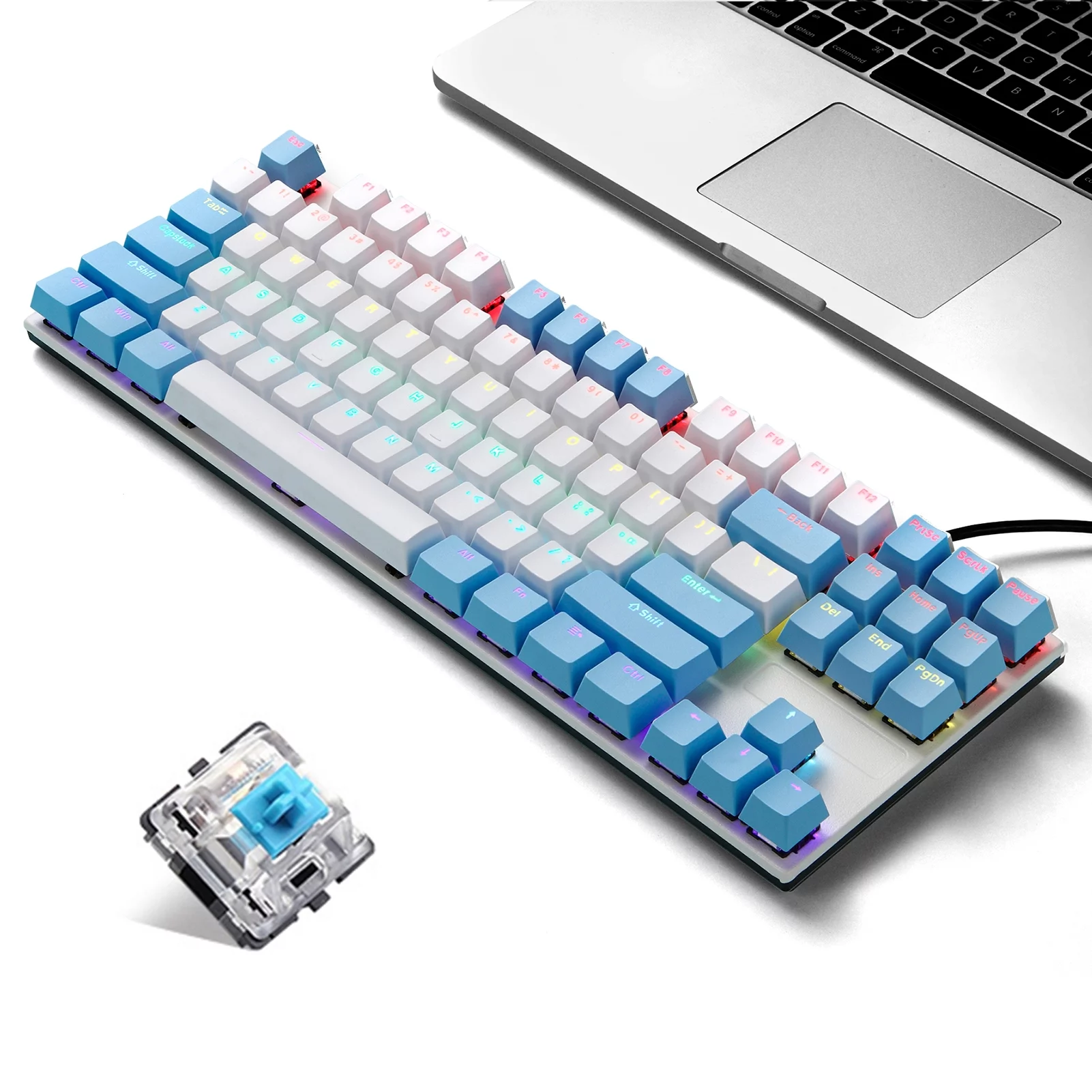 iBlancod K87 87 Keys Wired Mechanical Keyboard Metal Panel Two-color Injection Keycap 20 Effects Blue&White(Blue Switches)