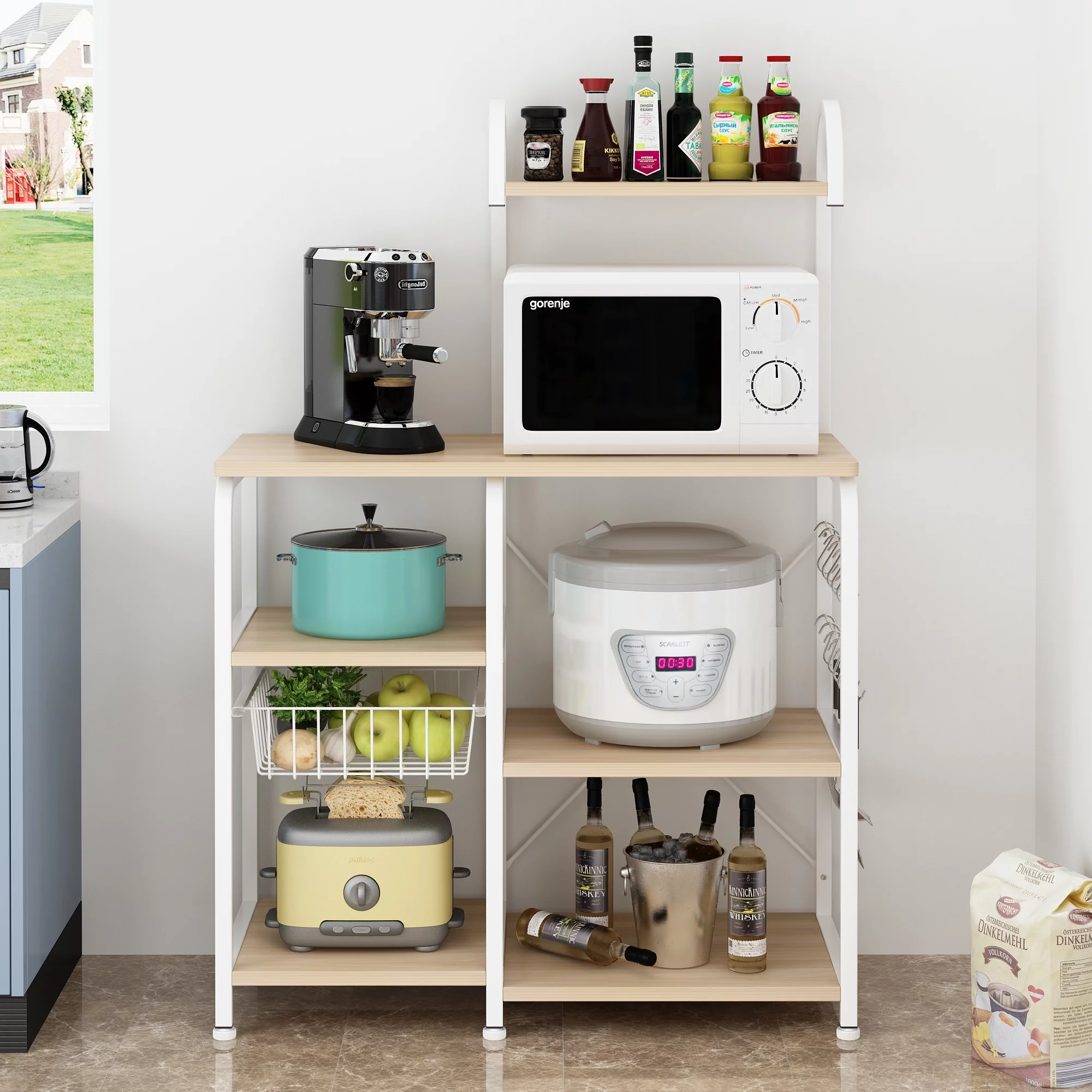 UBesGoo 4-Layer Baker's Rack, Kitchen Microwave Oven Stand, Coffee Bar with Hutch, Free Standing Kitchen Utility Cart with Drain Basket, Spice Rack & 10 Hooks for Living Room, Light Beige