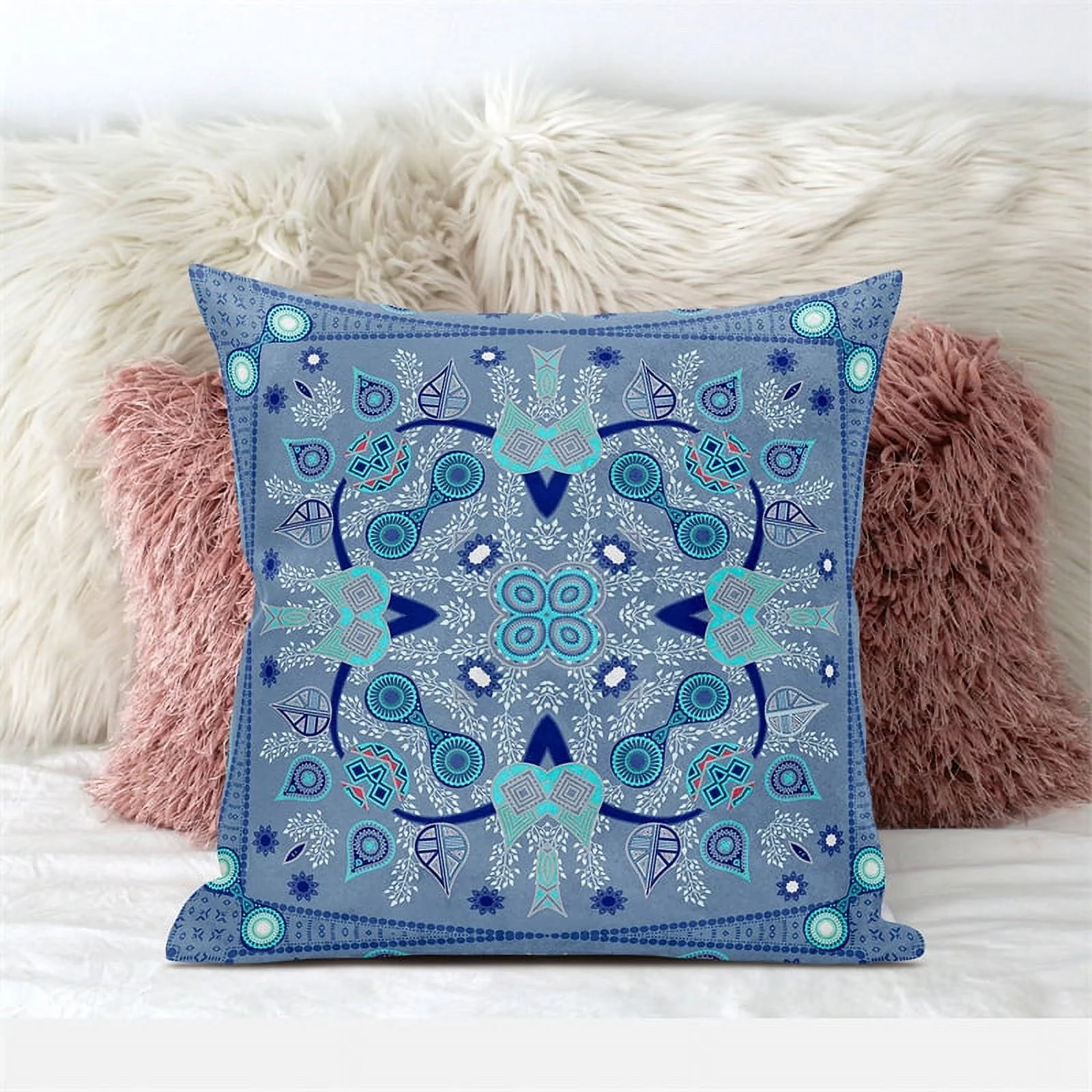 Amrita Sen Designs  18 x 18 in. Paisley Leaf Geo Suede Blown & Closed Pillow - Dark Muted Blue, Navy & Light Blue