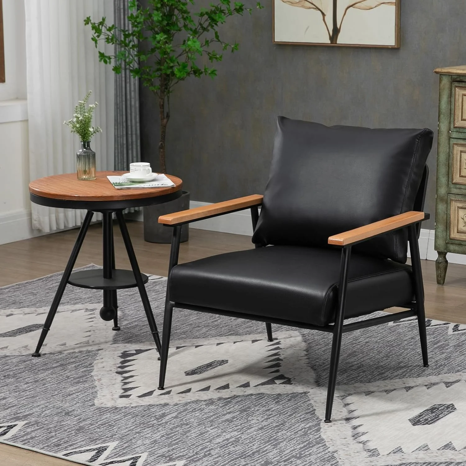 Black Leather Accent Chairs, 23.6'' Wide Armchair, Industrial Black Metal Frame Accent Chair with Wood Arms, Mid-Century Modern Comfy Sofa Chair for Living Room, Bedroom