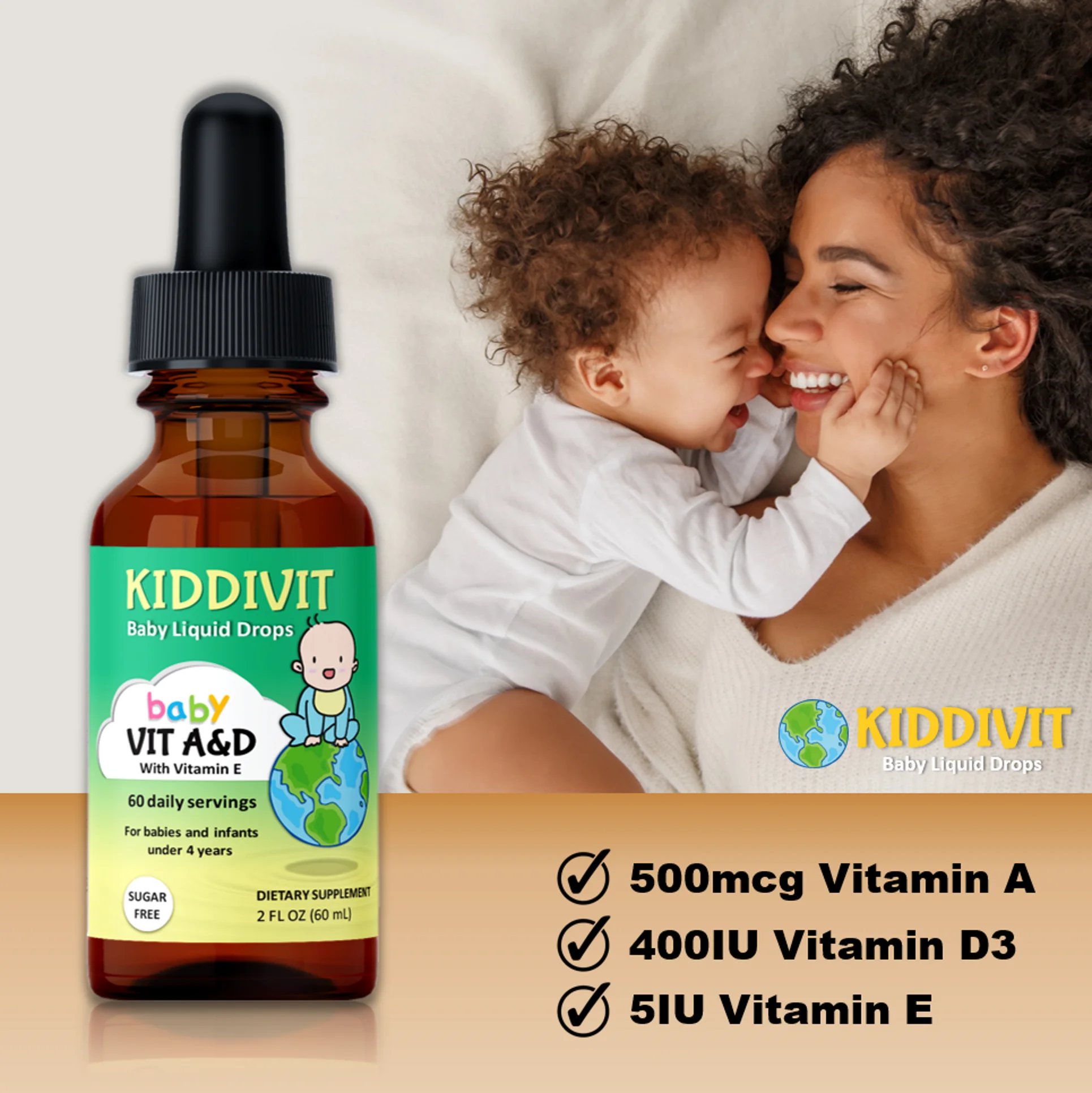 Kiddivit Baby Vitamin A&D Liquid Drops With Vitamin E - 60 Daily Servings, 2 FL OZ (60 mL) - Dropper Included, Glass Bottle - Sugar Free, Gluten Free, Vegetarian Friendly