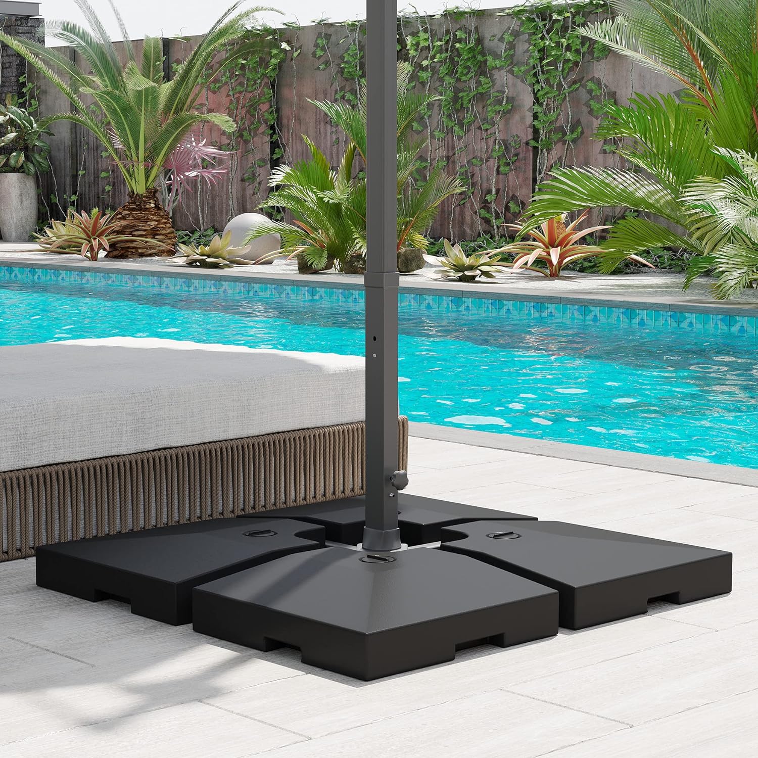 Outsunny 4 Pieces Cantilever Patio Umbrella Base, Outdoor Offset Umbrella Weights, 176 lbs Capacity Water or 264 lbs Capacity Sand Plates Set, Black