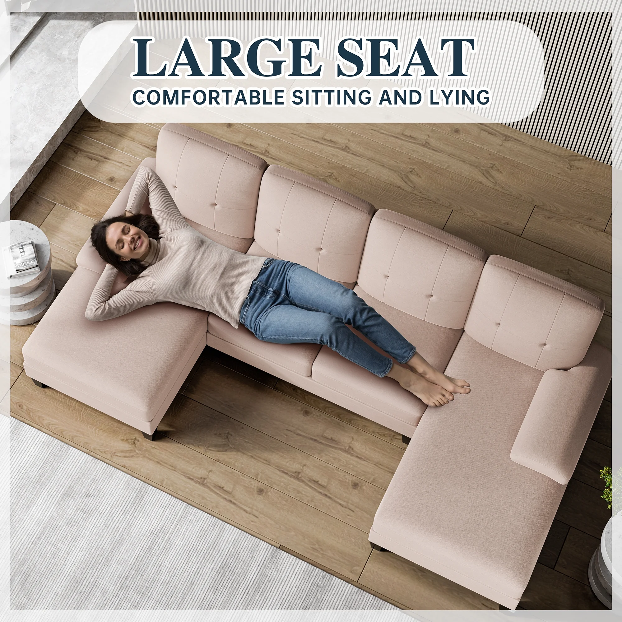 Walsunny Convertible Sectional Sofa Couch,4 Seat Sofa Set U-Shaped Couch with Double Wide Chaise Lounge, 106in Modern Fabric Large Couch