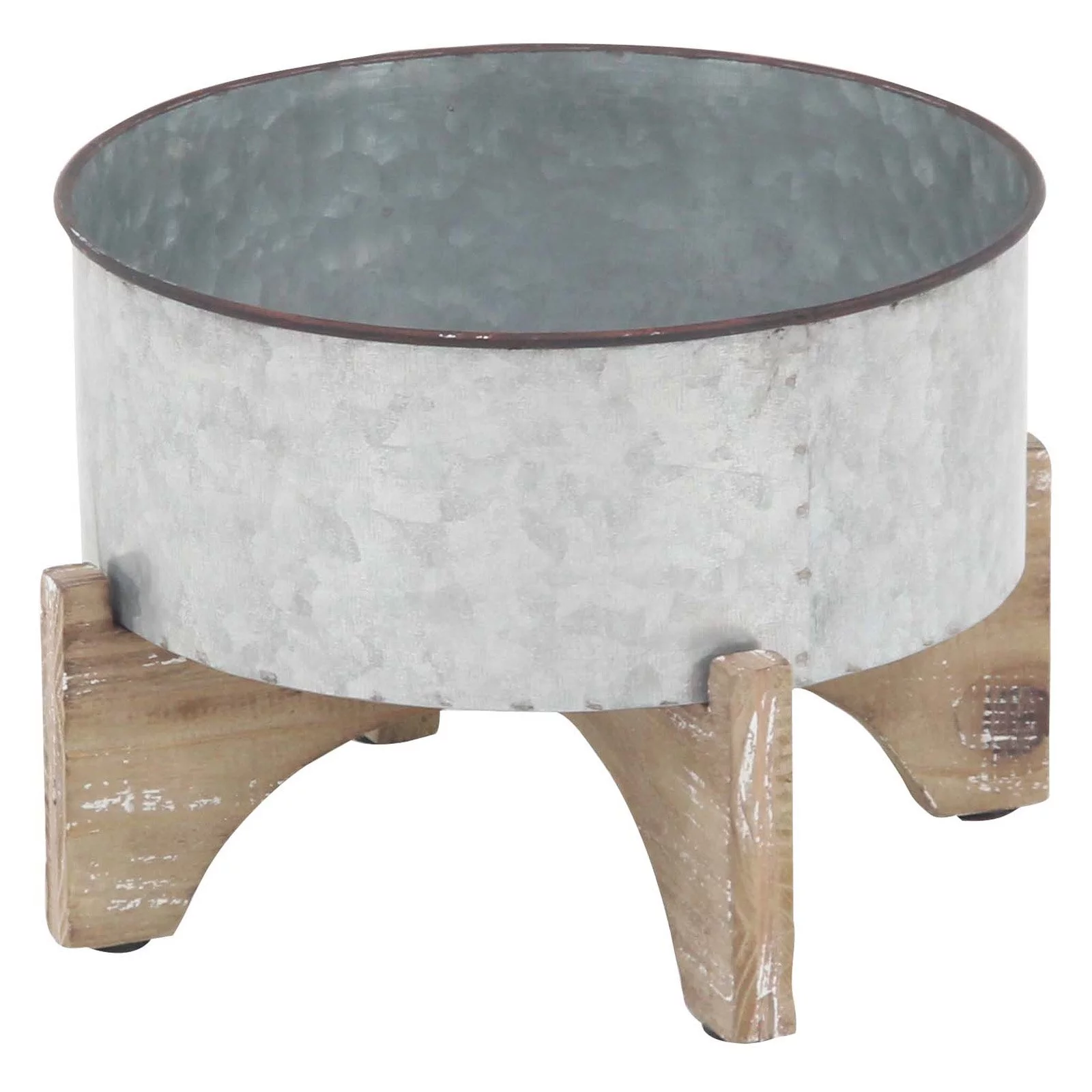 Decmode Set of 3 Farmhouse Round Iron Planters With Wooden Stands, Gray