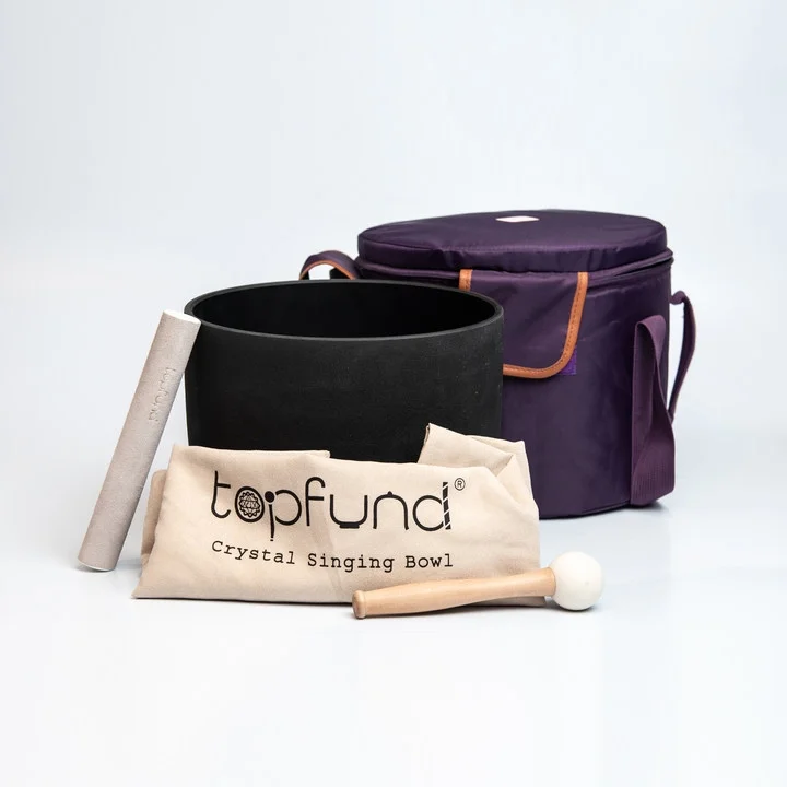 TOPFUND 432Hz  Chakra Set of 7 Black Crystal Singing Bowls 6-12 inch with Heavy duty carrying cases and Suede Sticks