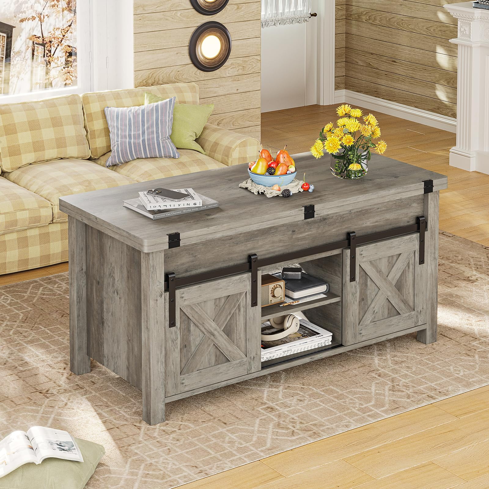 Lift Top Coffee Table with Storage and Hidden Compartment, Convertible Coffee Tables, Grey Finish