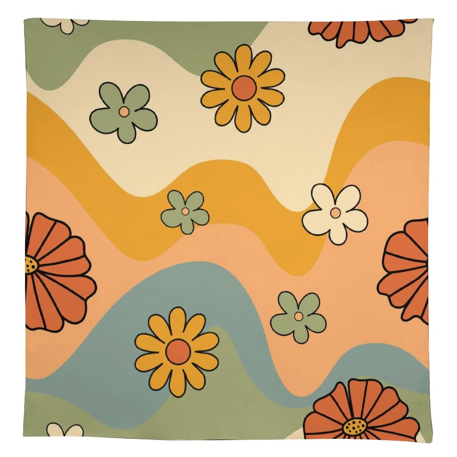 LAKIMCT 70S Themed Waves Floral Tablecloth for Holiday Birthday Party Table Decor, Flax Outdoor Table Cloth Rectangle Tables for Dining Room Banquet Farmhouse Tablecloths, 55