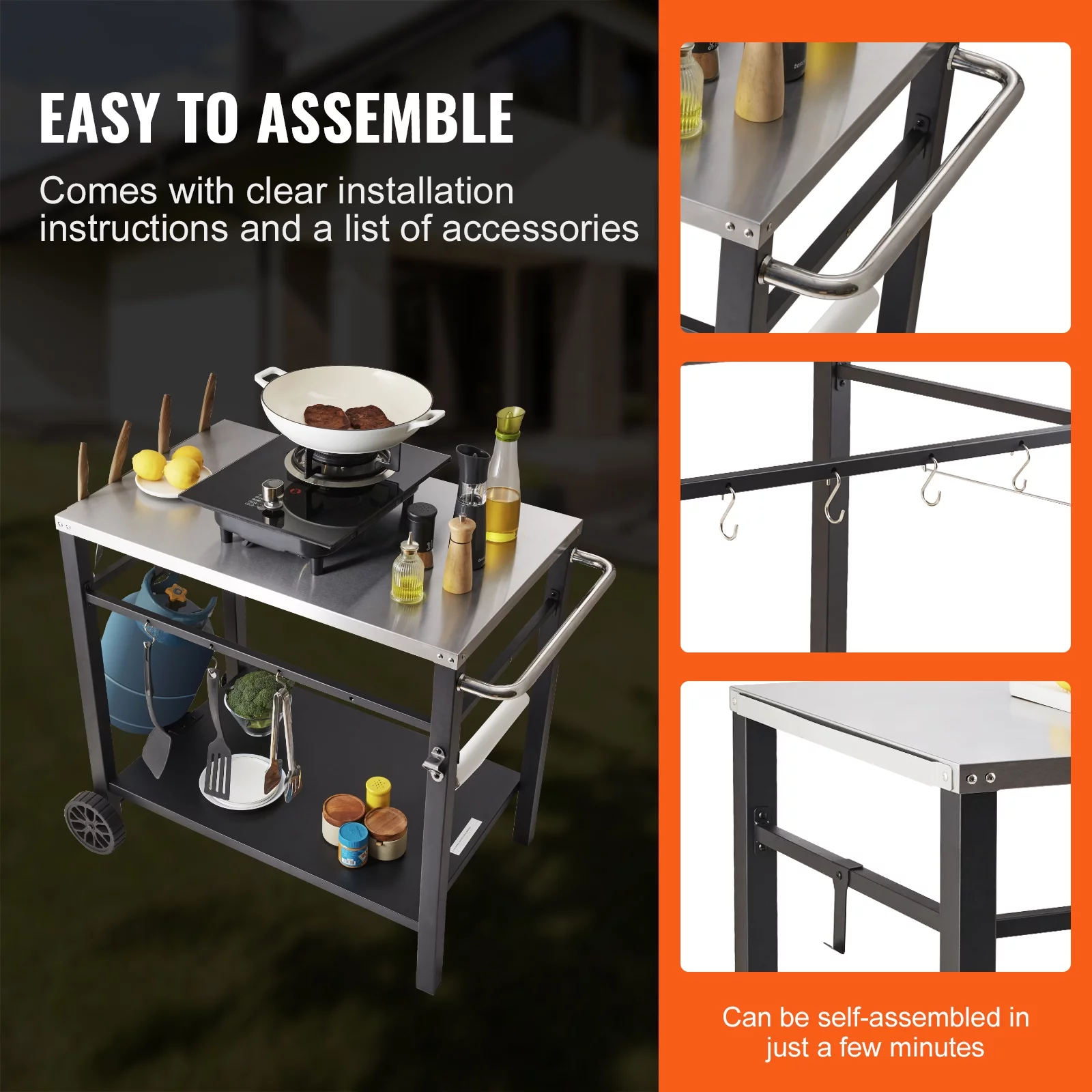 SKYSHALO Double-Shelf BBQ Outdoor Grill Dining Cart Movable Food Prep Trolley Patio