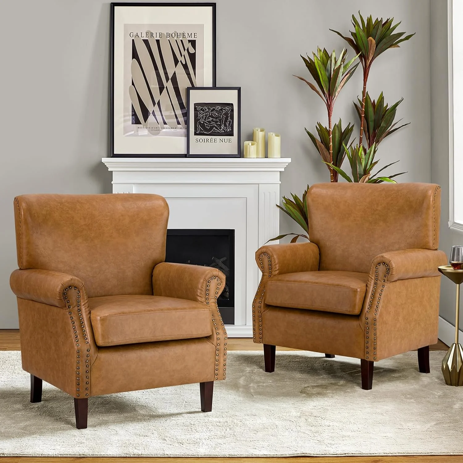 Faux Leather Accent Chairs Set Of 2 With Rolled Armrests & Nailhead Trim, Comfy Upholstered Living Room Armchairs With Removable Cushion, Traditional Sofa Chairs For Bedroom Office, Camel