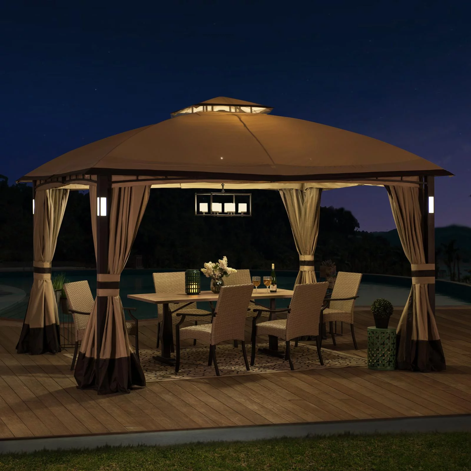 Sunjoy 11 ft. x 13 ft. Gazebo with LED Lighting and Blue Tooth Sound - Tan and Brown