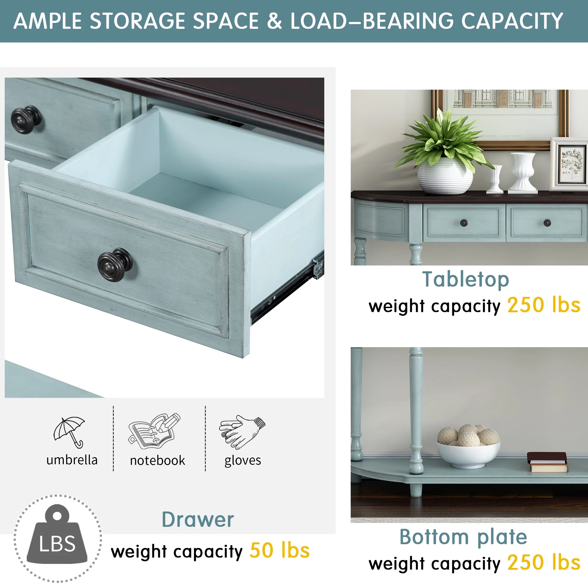 Retro Circular Curved Design Console Table with Open Style Shelf Solid Wooden Frame and Legs Two Top Drawers (Cherry + Antique Blue, OLD SKU: WF298768AAC)