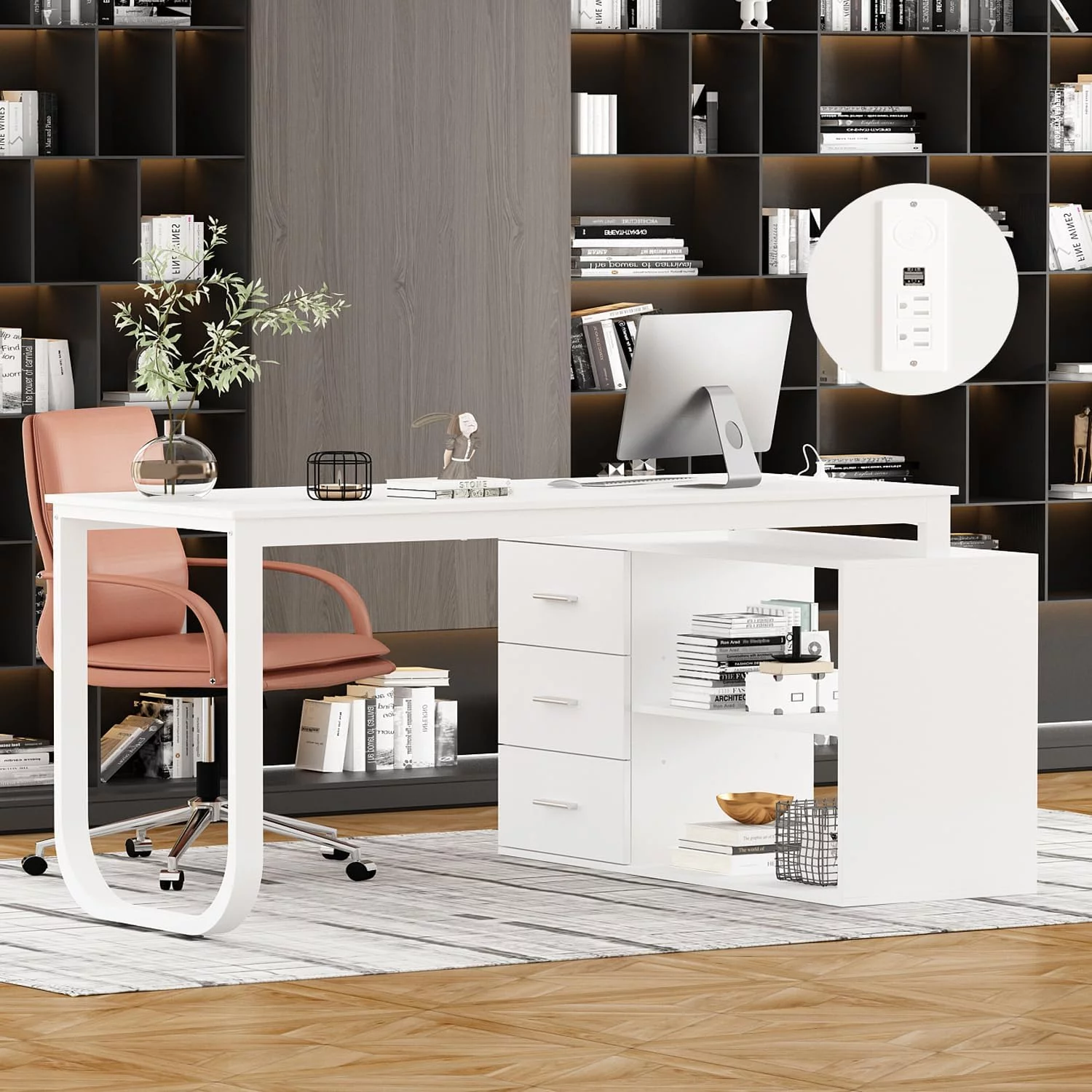 Home Office Computer Desk Corner Desk with Power Outlet, 3 Drawers and 2 Shelves, 55 Inch Large L-Shaped Study Writing Table with Storage Cabinet - Warm White