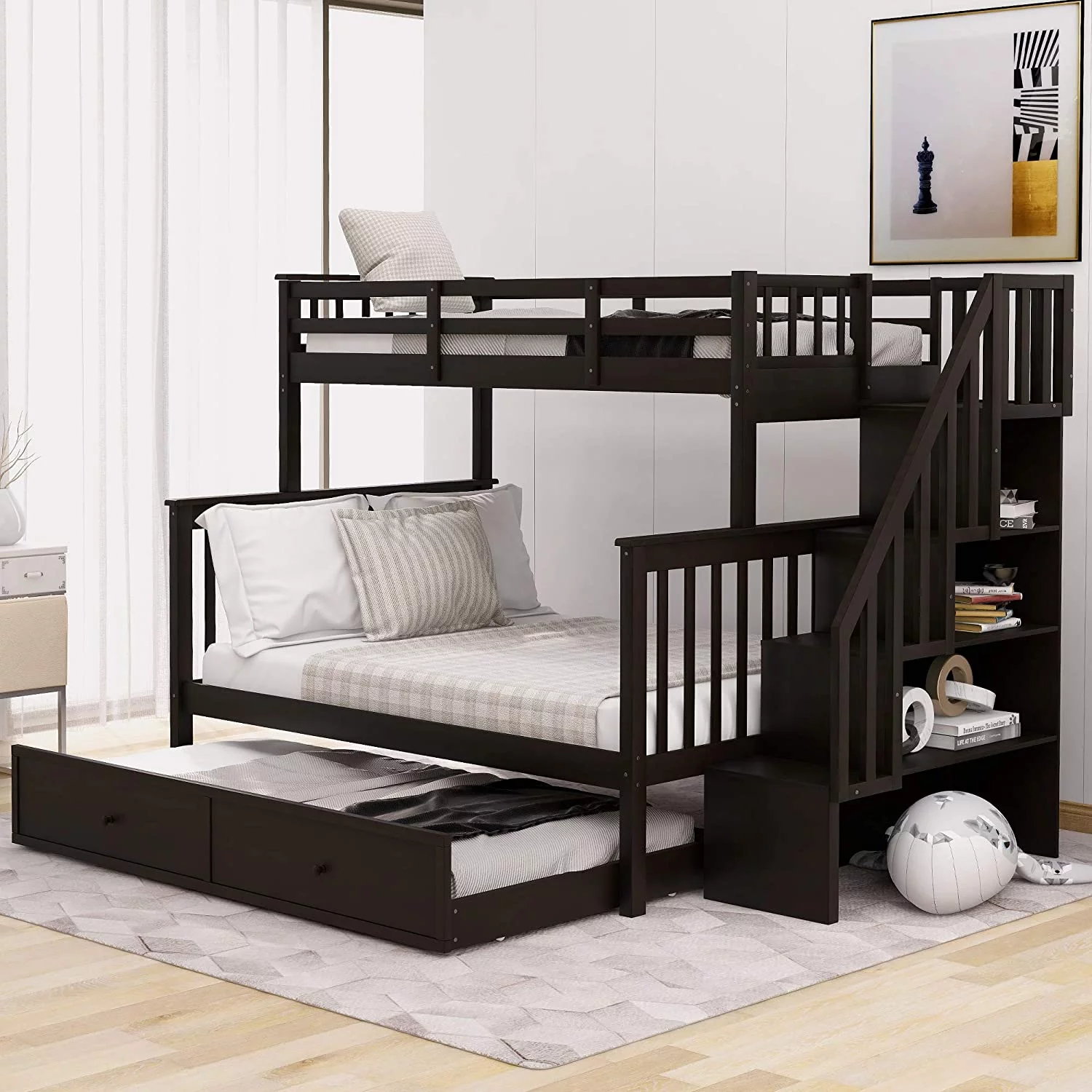 Churanty Solid Wood Twin over Full Bunk Bed with Twin Size Trundle for Kids,Espresso
