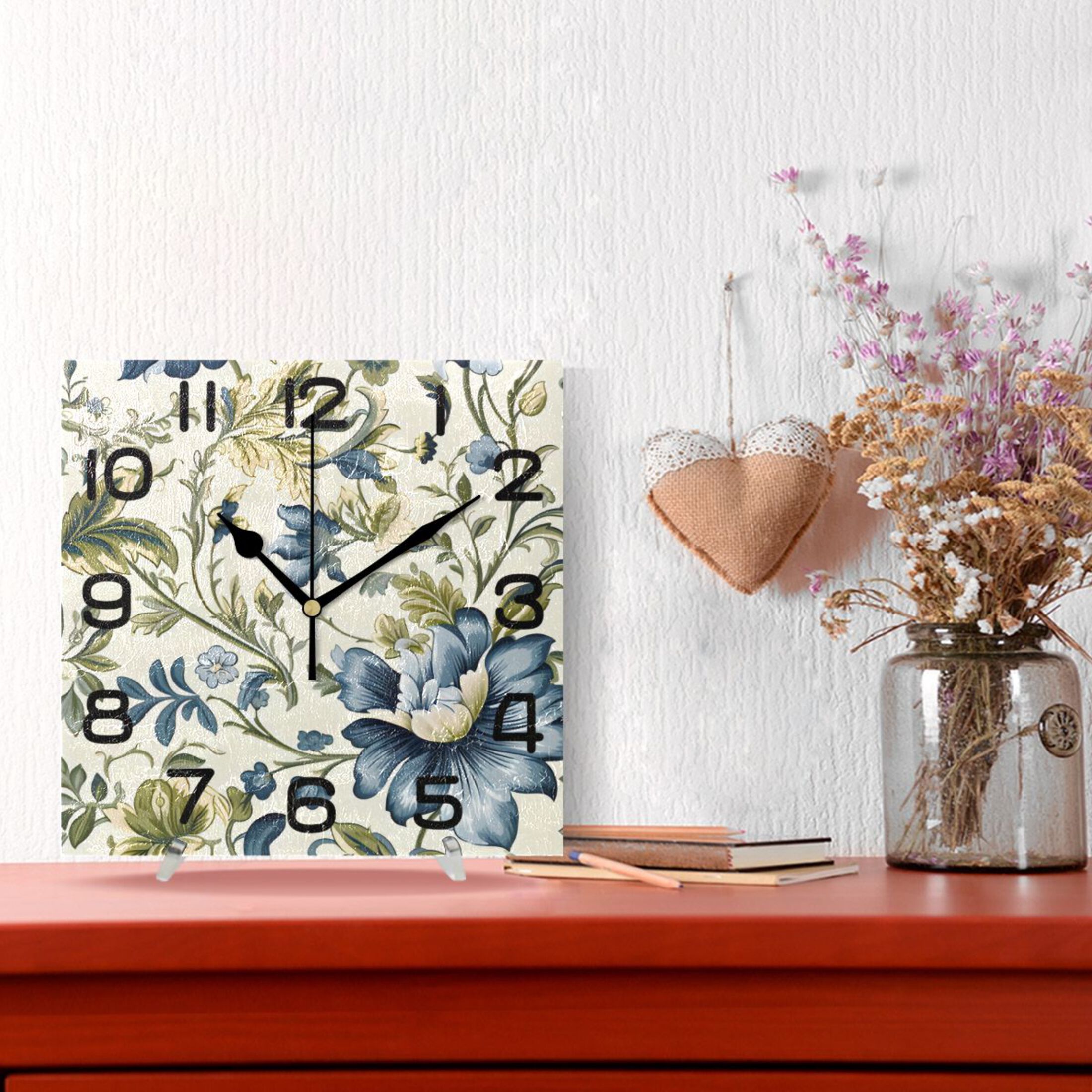 Blue with Flowers Wall Clock Square Silent Non-Ticking Battery Operated Retro 7.78