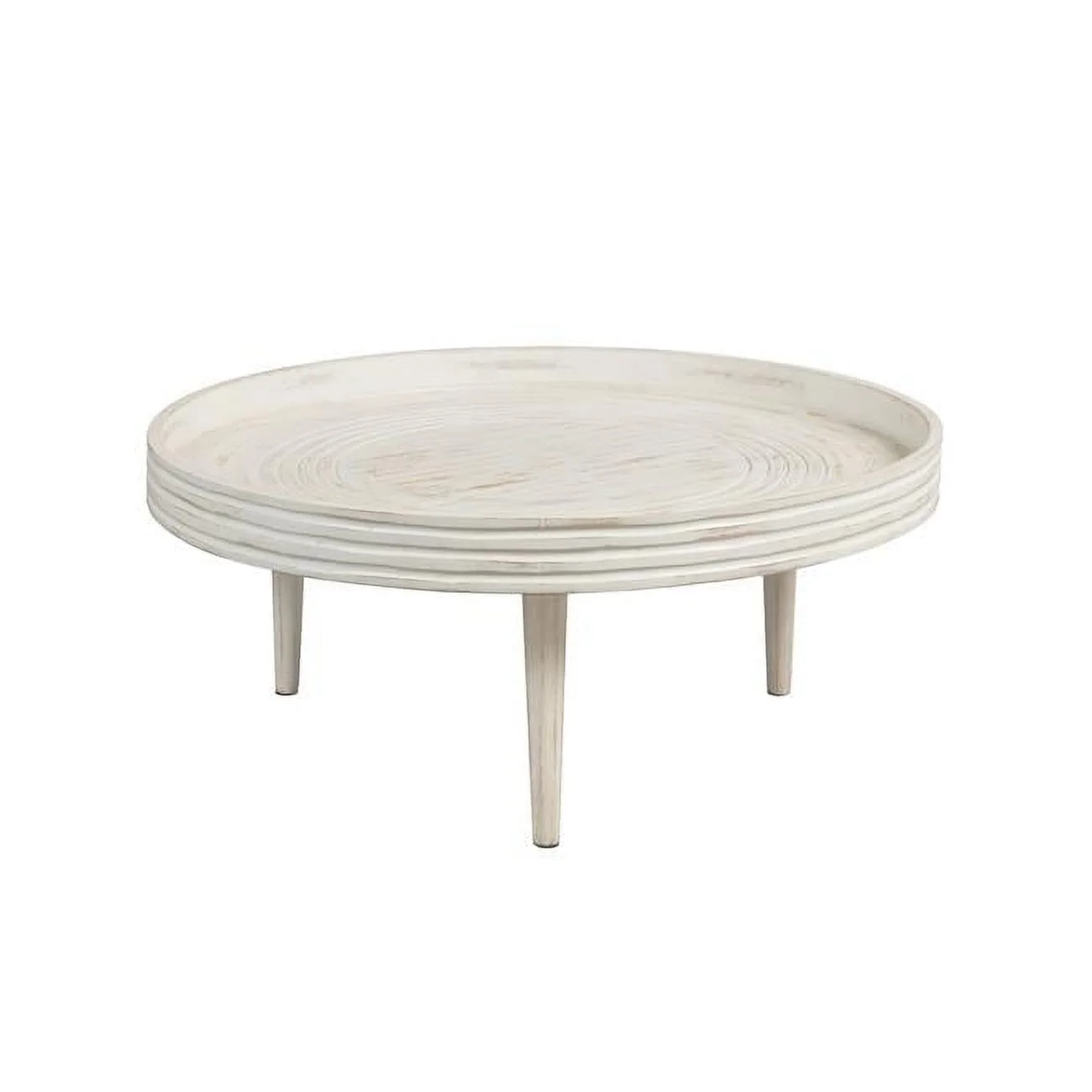 The Urban Port  33 in. Solid Mango Wood Coffee Table with Handcrafted Round Grooved Raised Edge, Distressed White