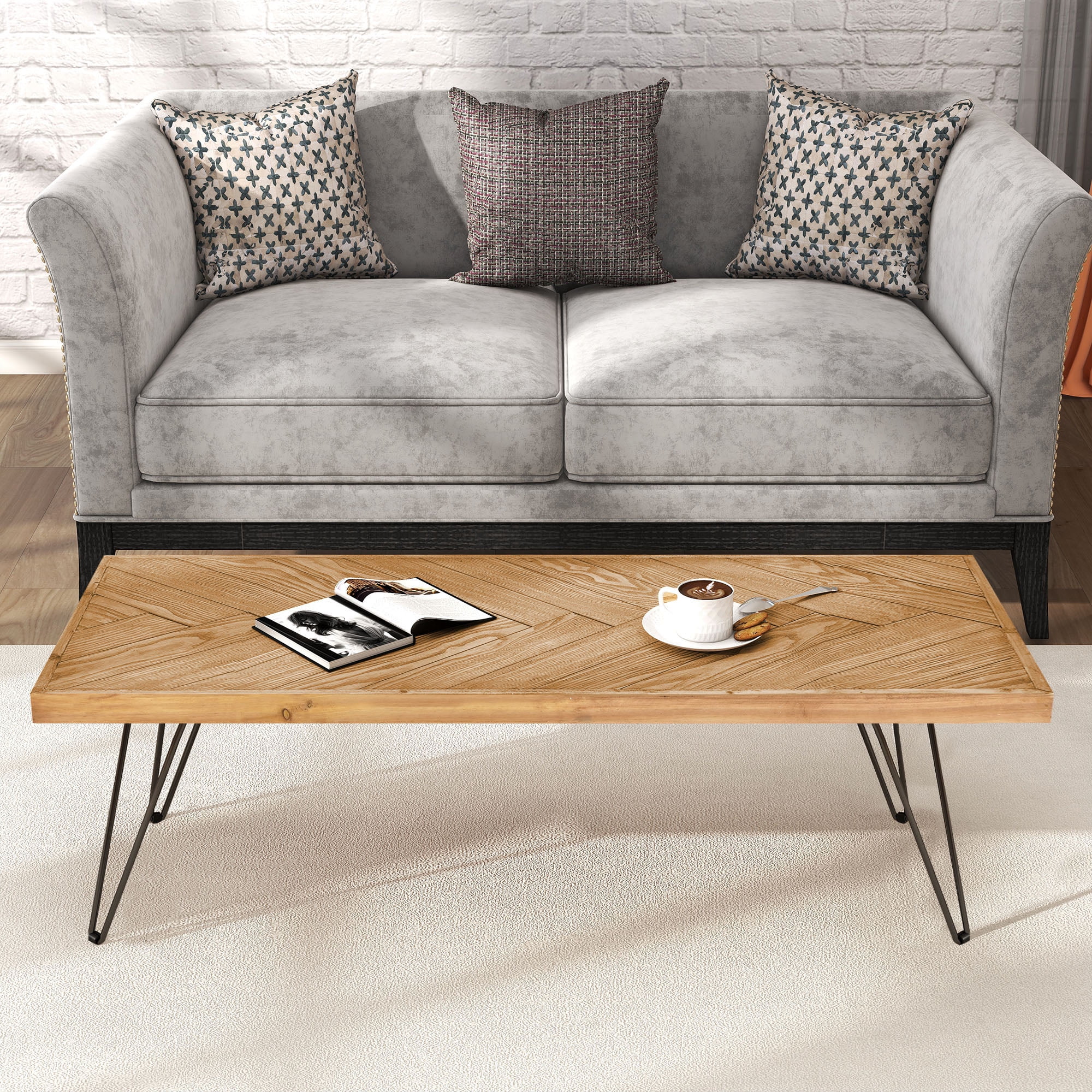 Royard Oaktree Coffee Table Rustic Wood Oaktree Coffee with Herringbone Pattern Top & Metal Hairpin Legs Industrial Cocktail Table for Living Room