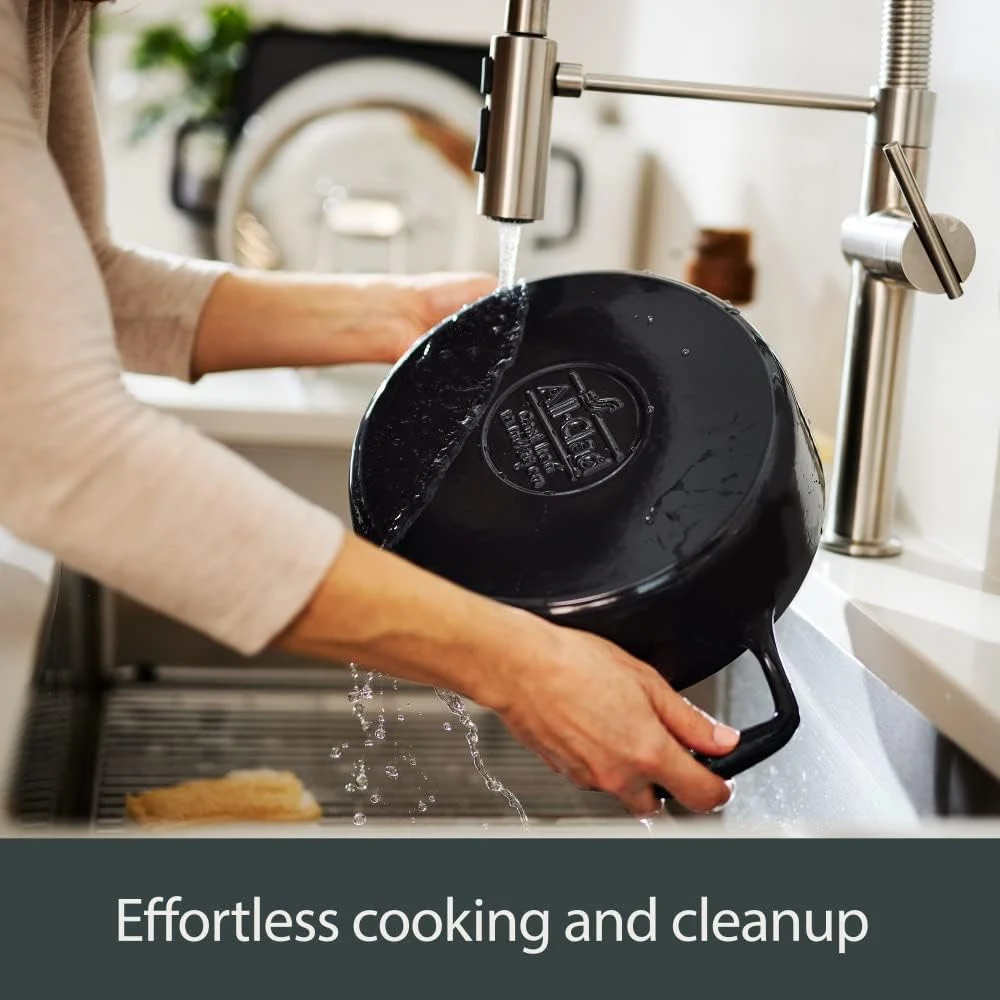 YILAN Cast Iron Enameled Square Grill with Acacia Trivet 11 Inch Induction Oven Broiler Safe 650F Pots and Pans, Cookware Black