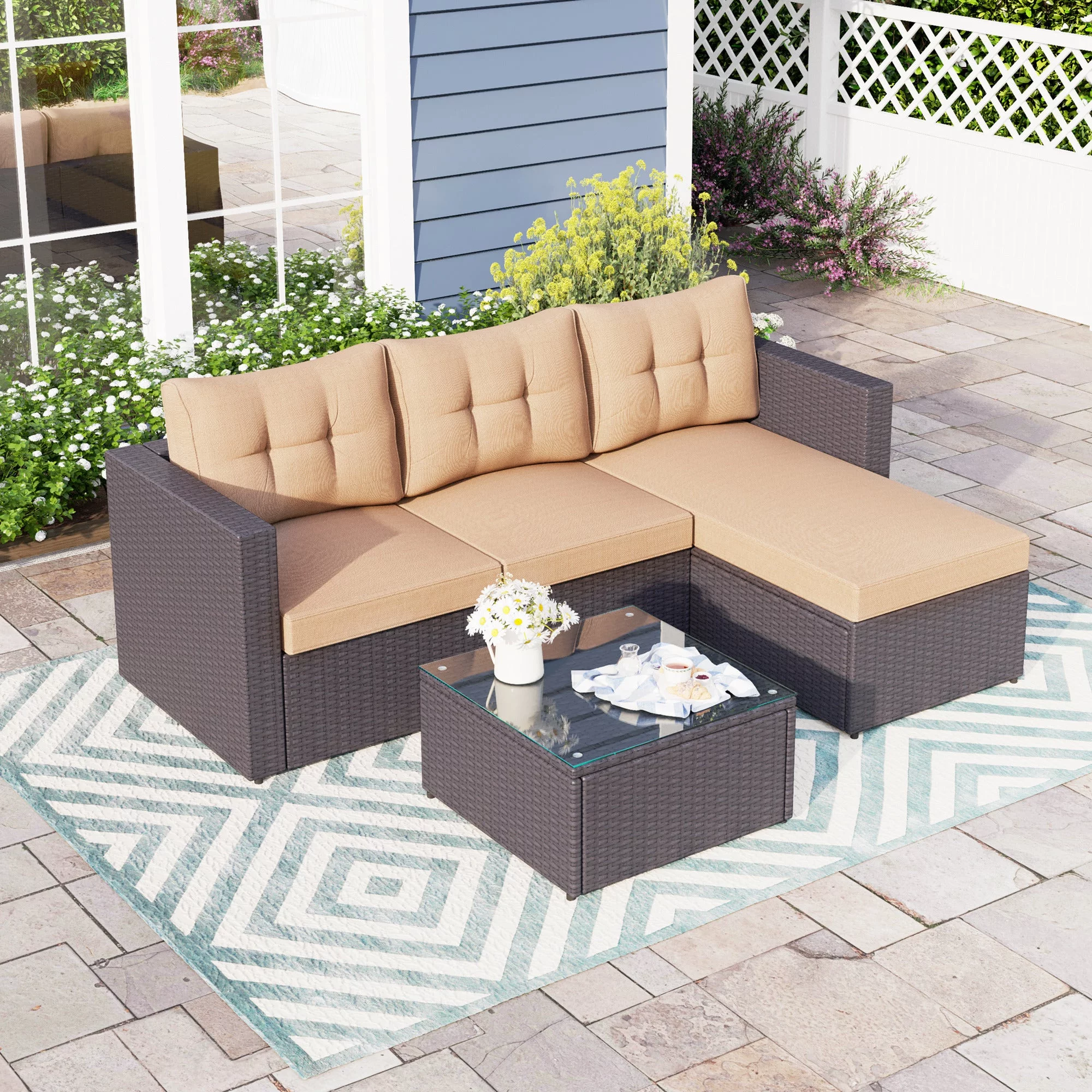 Sophia & William 3 Pieces Outdoor Wicker Rattan Sectionals Patio Conversation Sets - Beige