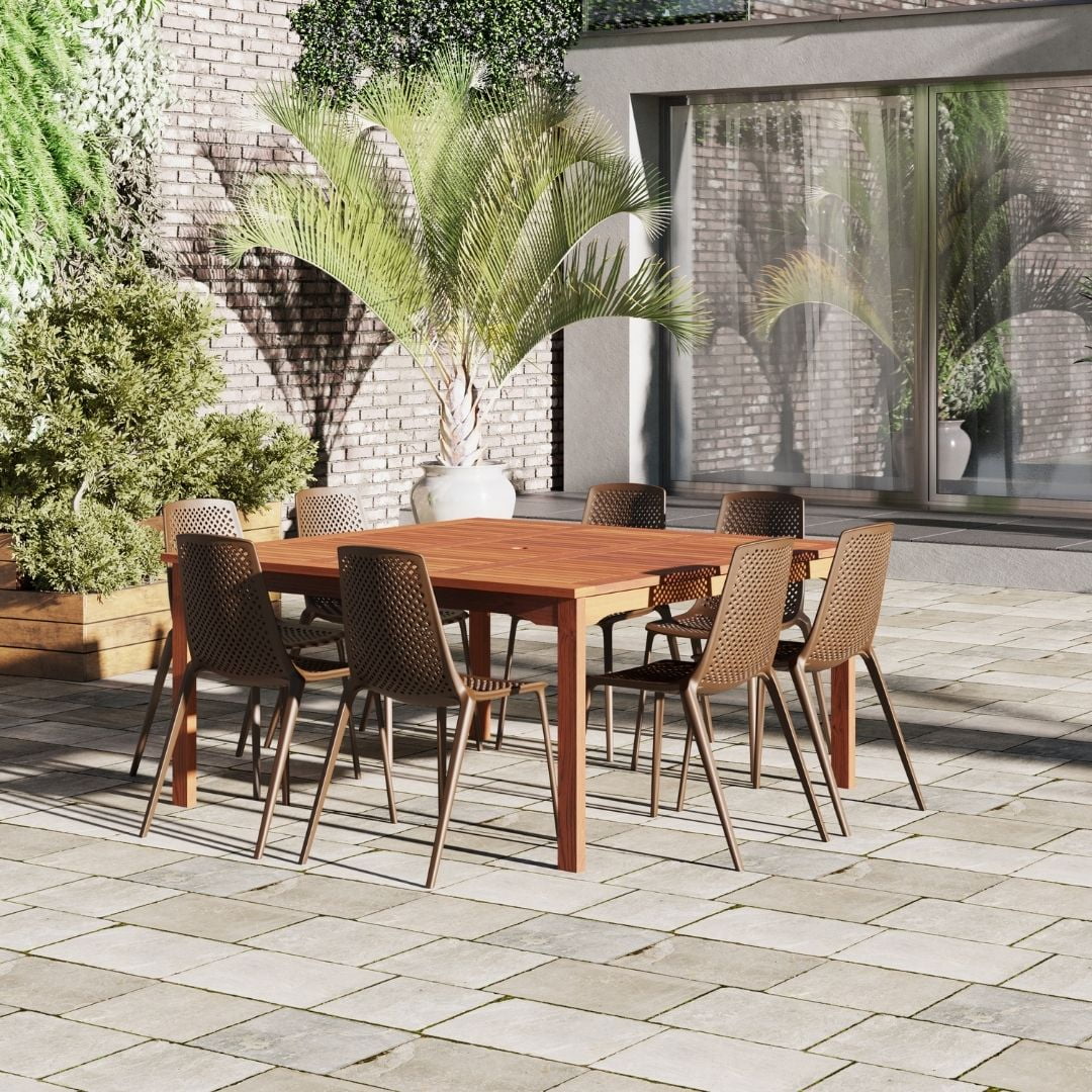 Amazonia Melia 9-Piece Patio Dining Table Set, Eucalyptus Wood 100% FSC, Ideal for Outdoors and Indoors, Brown
