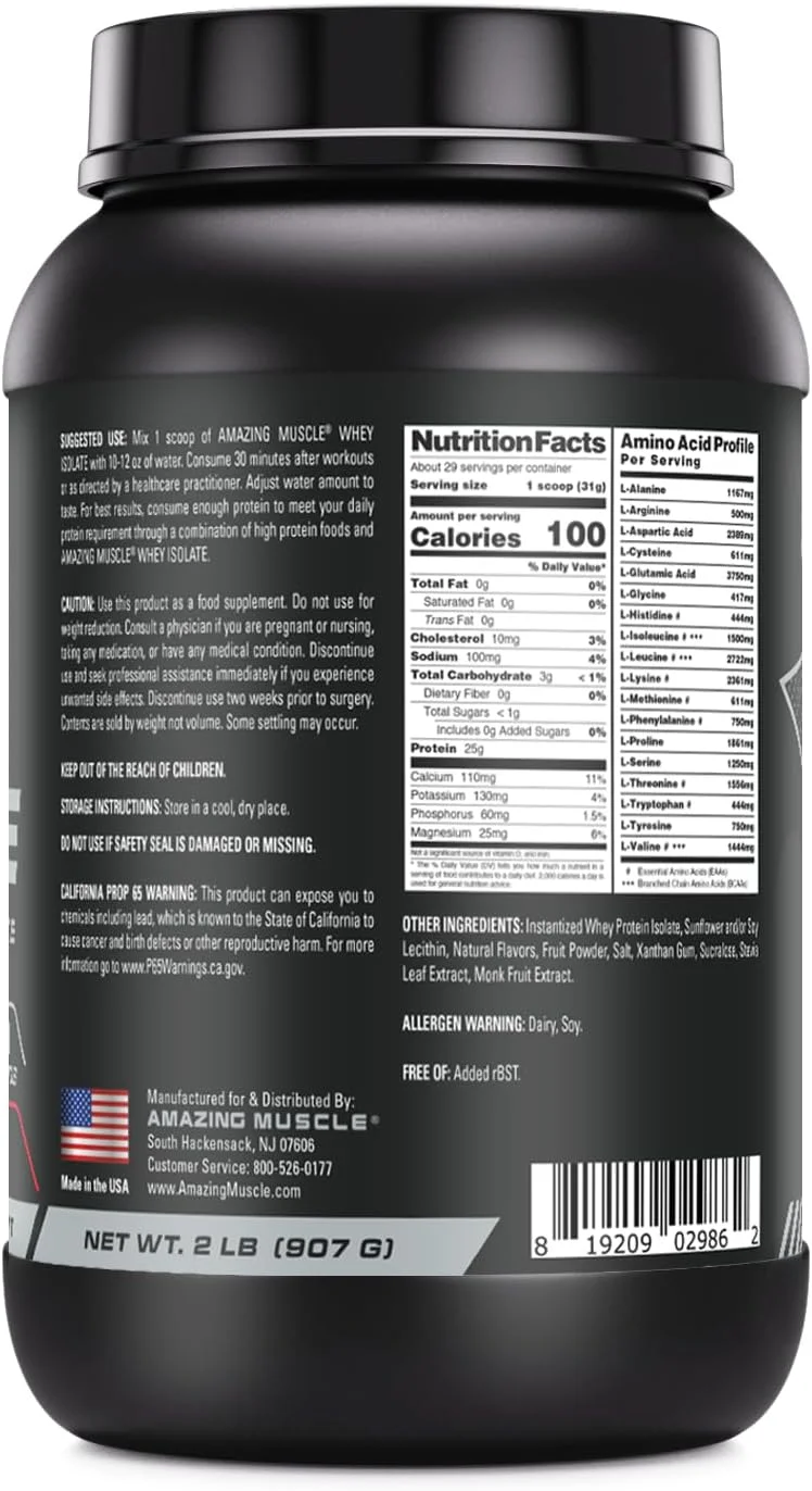 Amazing Muscle Whey Protein Isolate Powder 2Lbs Strawberry Flavor | 25 Grams Protein Per Serving | 30 Servings Supplement | 100% Whey Isolate | Made in USA