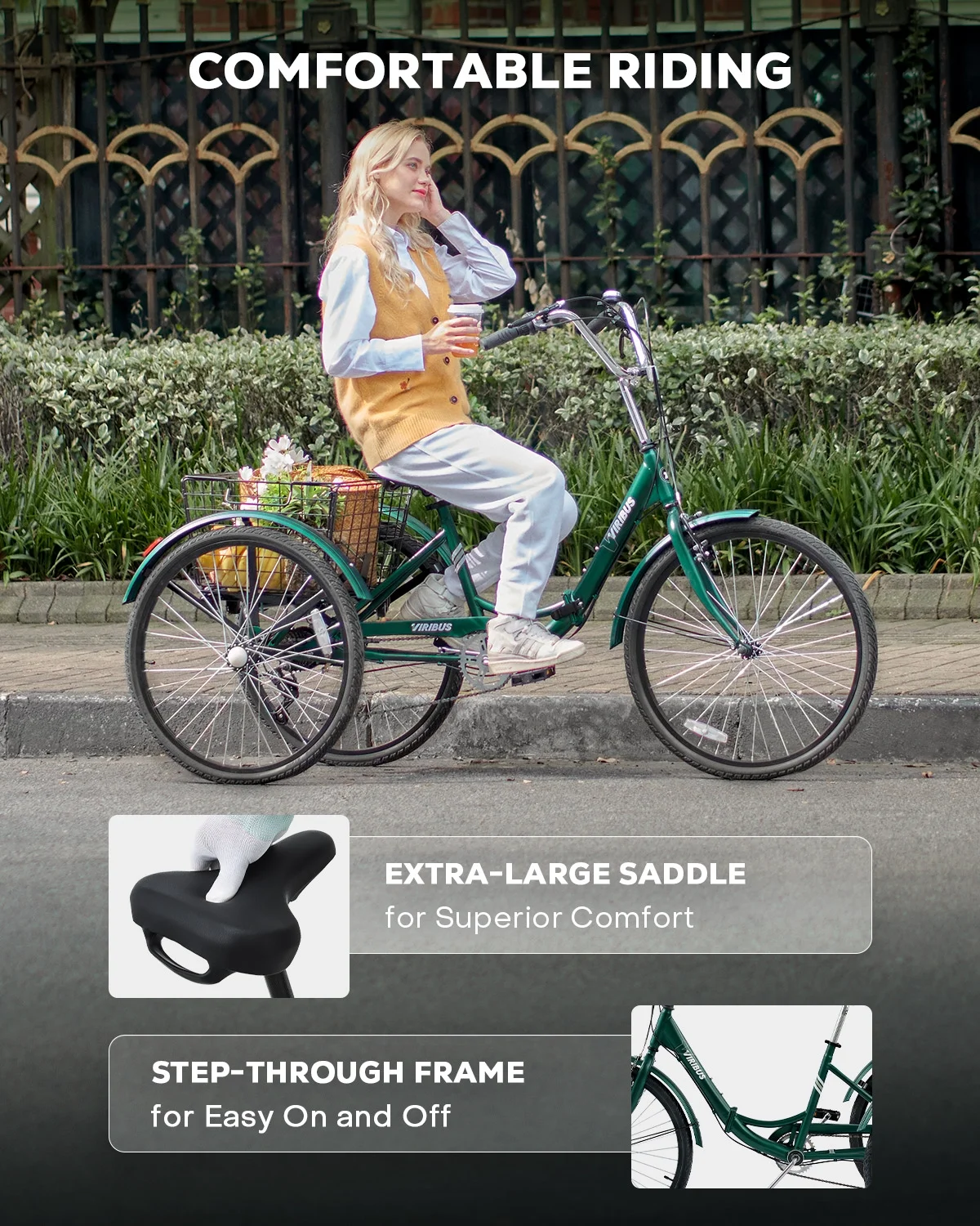 26 Inch Folding Adult Tricycle 7 Speed Trike with Removable Basket Green