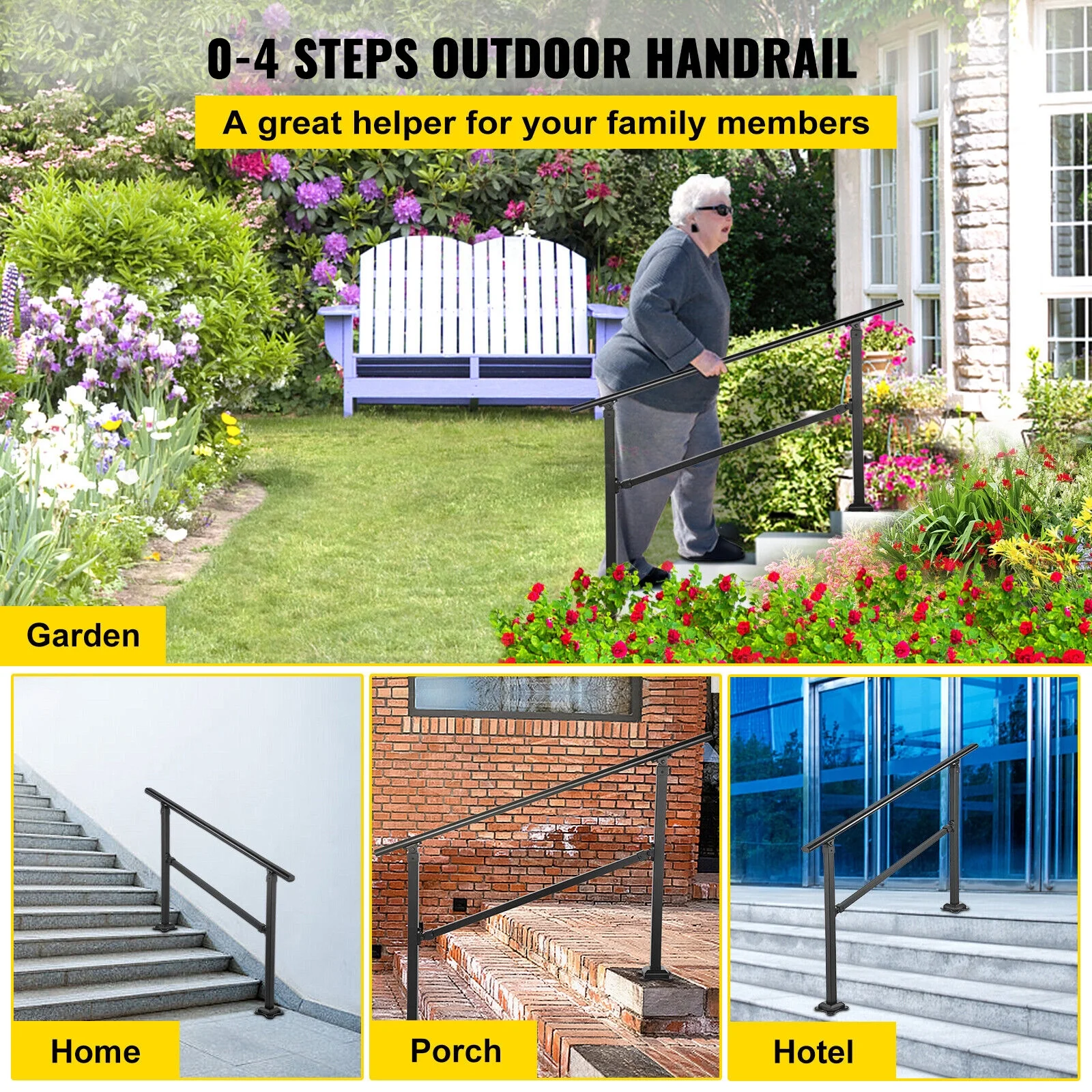 SKYSHALO Outdoor Stair Handrail, Fits Steps 1-3 Transitional Wrought Iron Handrail, Adjustable Exterior Stair Handrail, Concrete Step Handrail with Installation Kit, Matte Black Outdoor Handrail