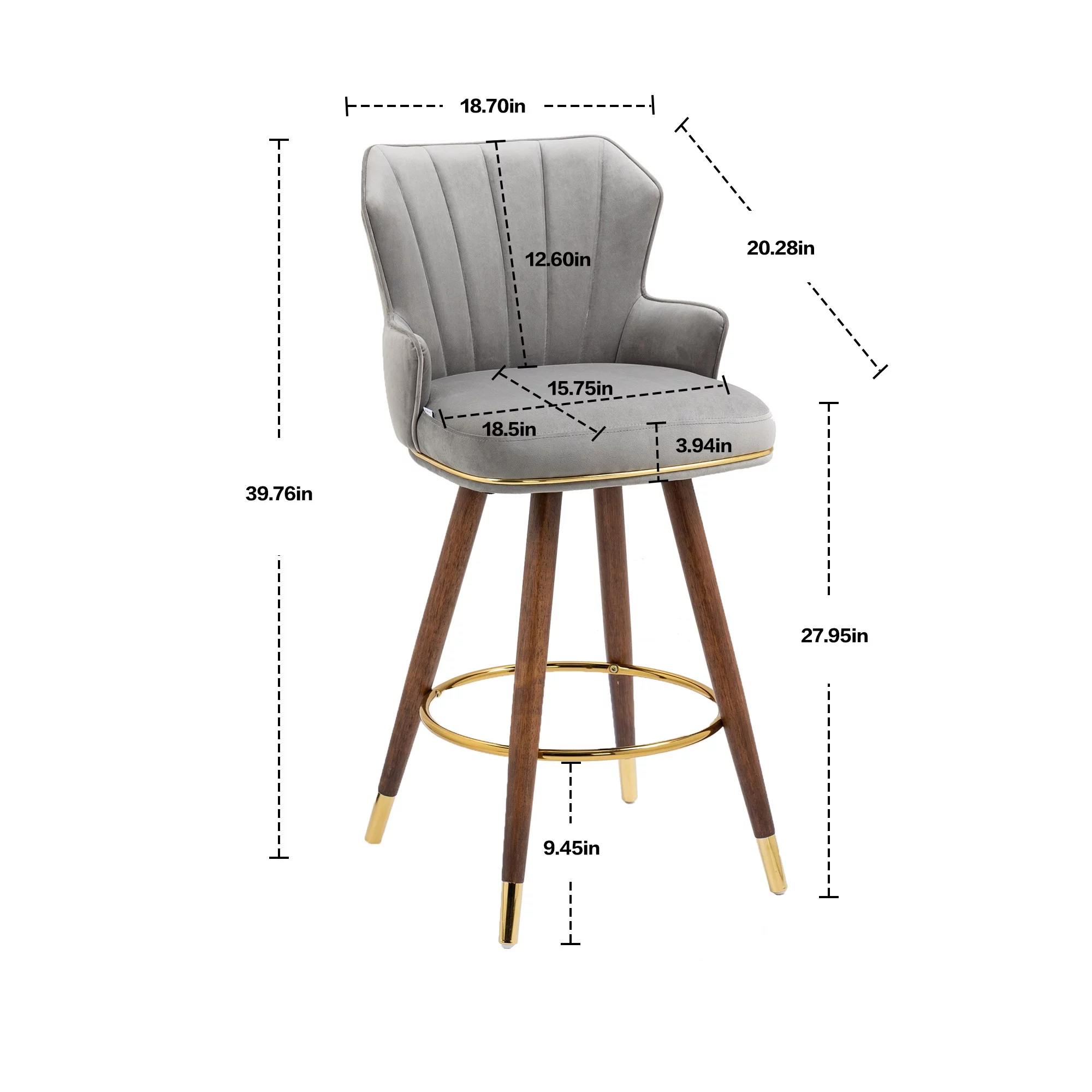 Upholstered Bar Stools, Counter Height Bar Stool Chairs with Solid Wood Legs and Backrest Kitchen Island Padded Barstools with 360-degree Footrest High Dining(Gray,Set of 2)