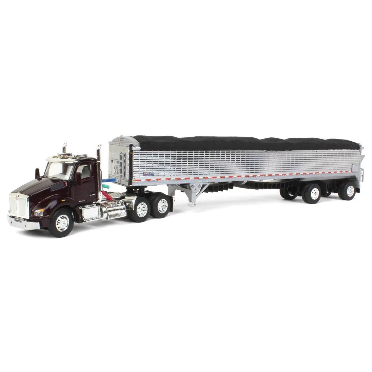 1/64 Black Cherry Kenworth T880 w/ Chrome Wilson Patriot Spread-Axle Belt Trailer, DCP by First Gear, 60-1364