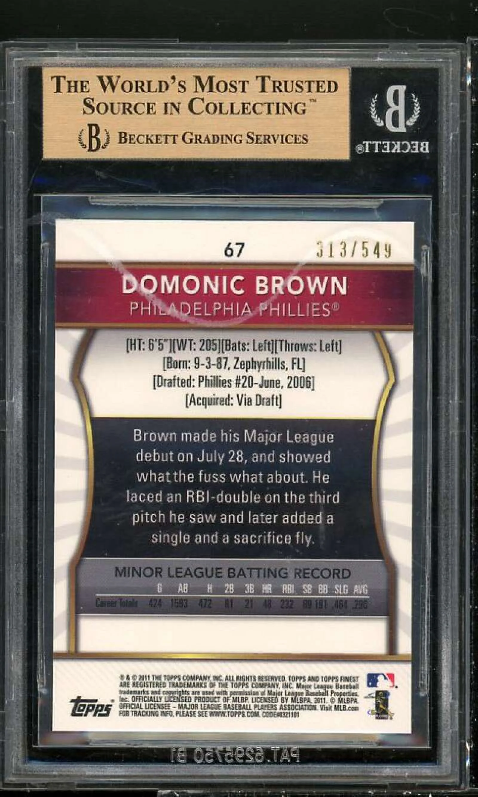 Domonic Brown Rookie Card 2011 Finest Refractors #67 (PRISTINE) BGS 10