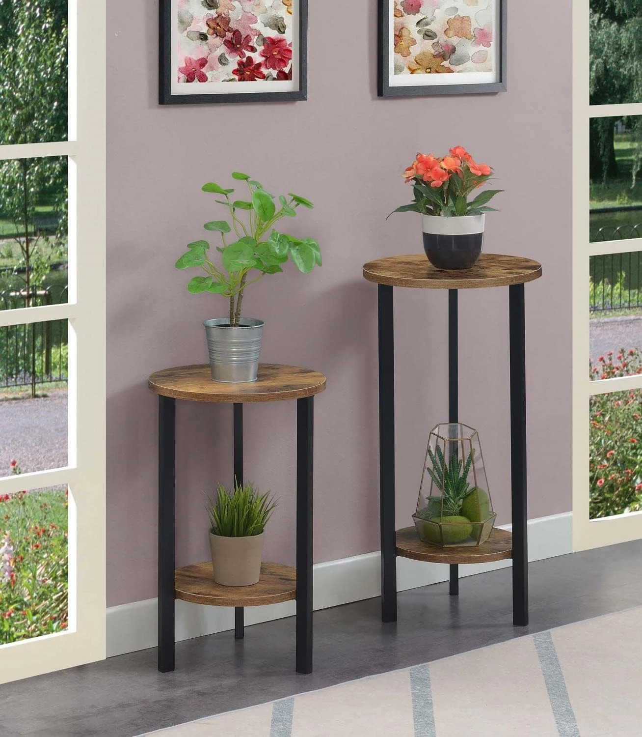 Graystone 31 Inch 2 Tier Plant Stand, Barnwood/Black