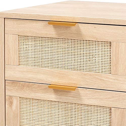 Mid-Century Modern Light Oak Brown Finished Wood and Rattan 2-Drawer Nightstand
