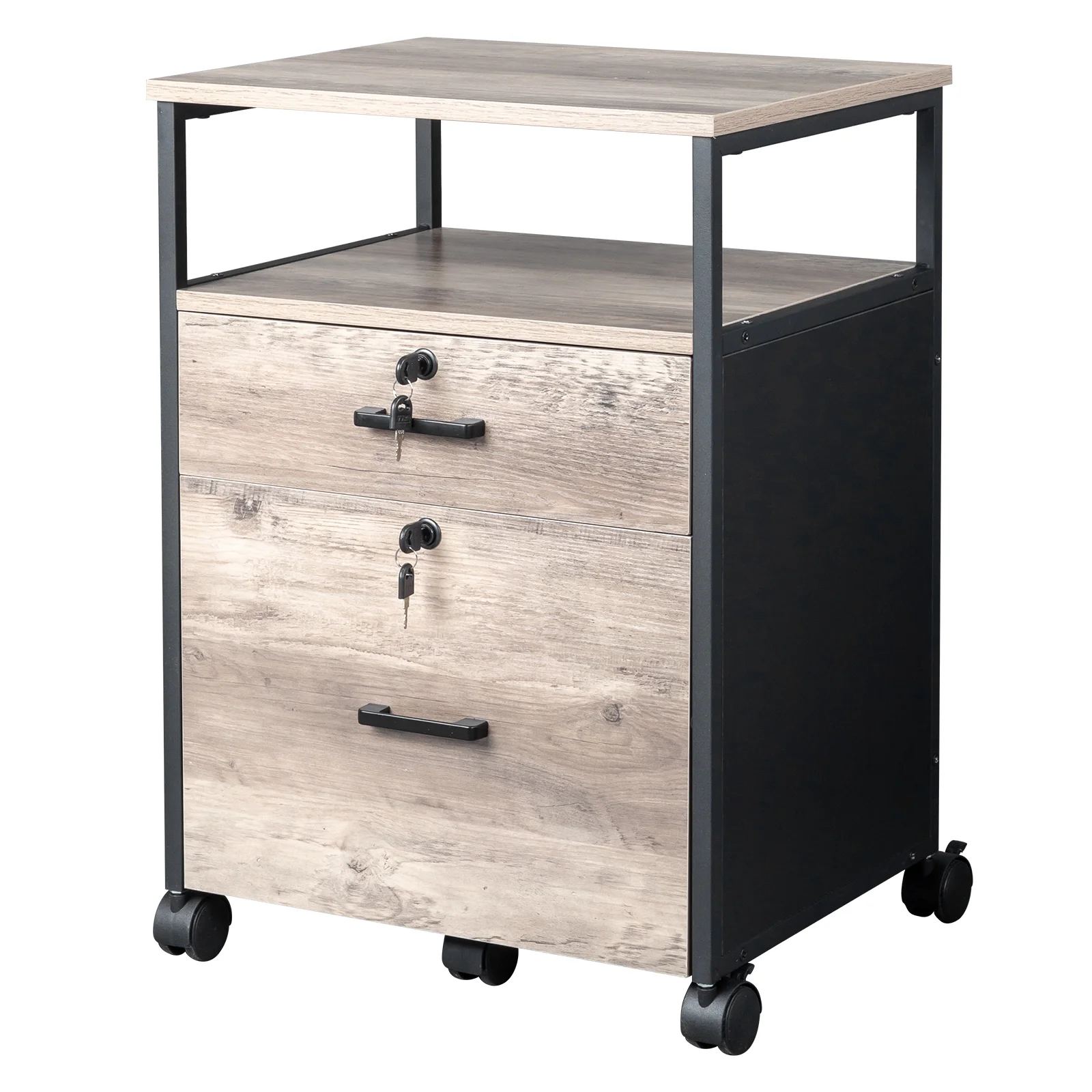 2-Drawer Rolling Wood File Cabinet with Lock and Shelf, Legal&Letter Size Mobile Wooden Storage Filing Cabinet for Home Office, Oak+Black