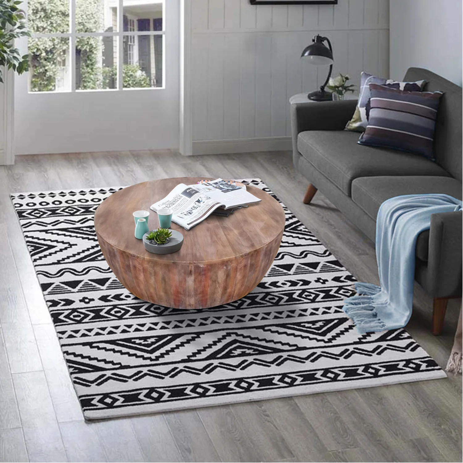 Maykoosh Urban Oasis Handcarved Drum Shape Round Top Mango Wood Distressed Wooden Coffee Table, Brown