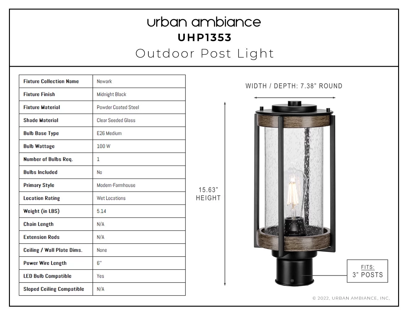 Luxury Farmhouse Post Light, 15.625H x 7.375W, with Modern Farmhouse Style, Midnight Black, UHP1353 by Urban Ambiance