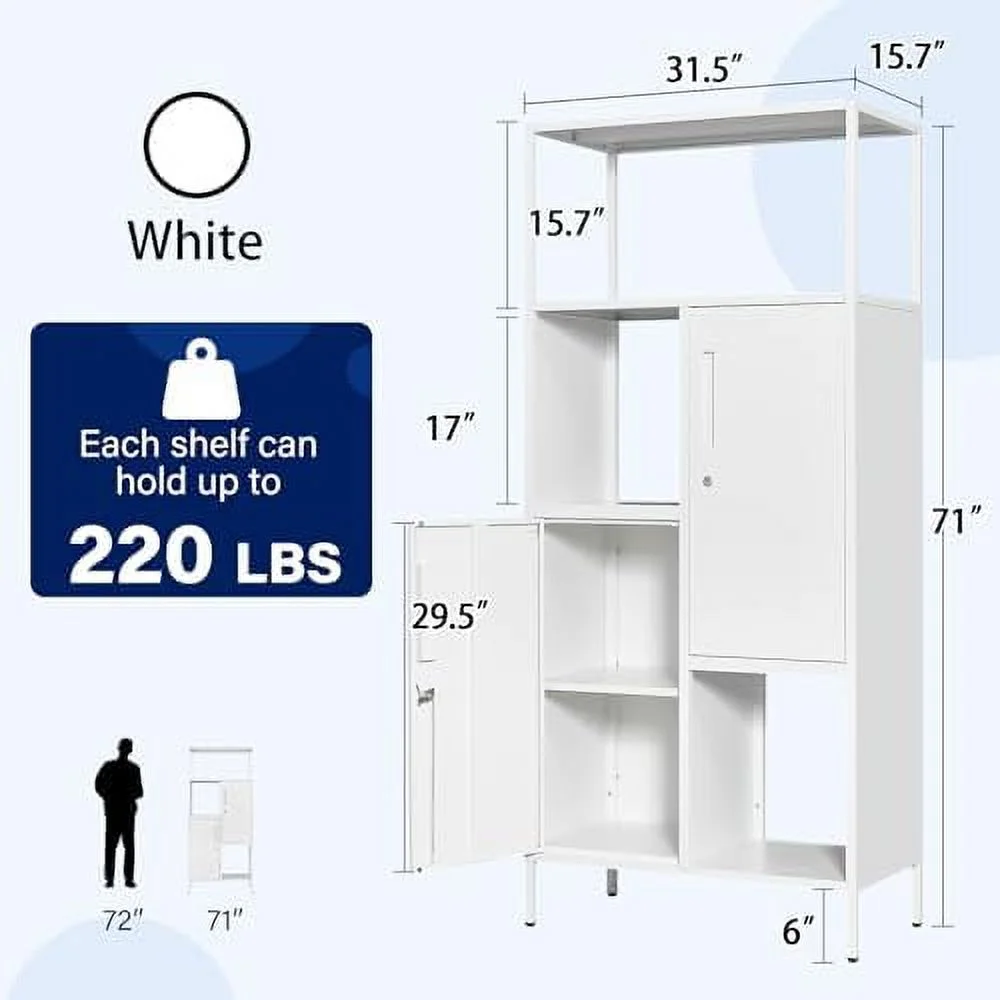 YPDCHB 5-Tier Bookshelf  Tall Bookcase with Doors  Industrial Display Standing  Units with Lock & Wheel  Metal  Shelves for Living Room  Bedroom  Home Office (White)
