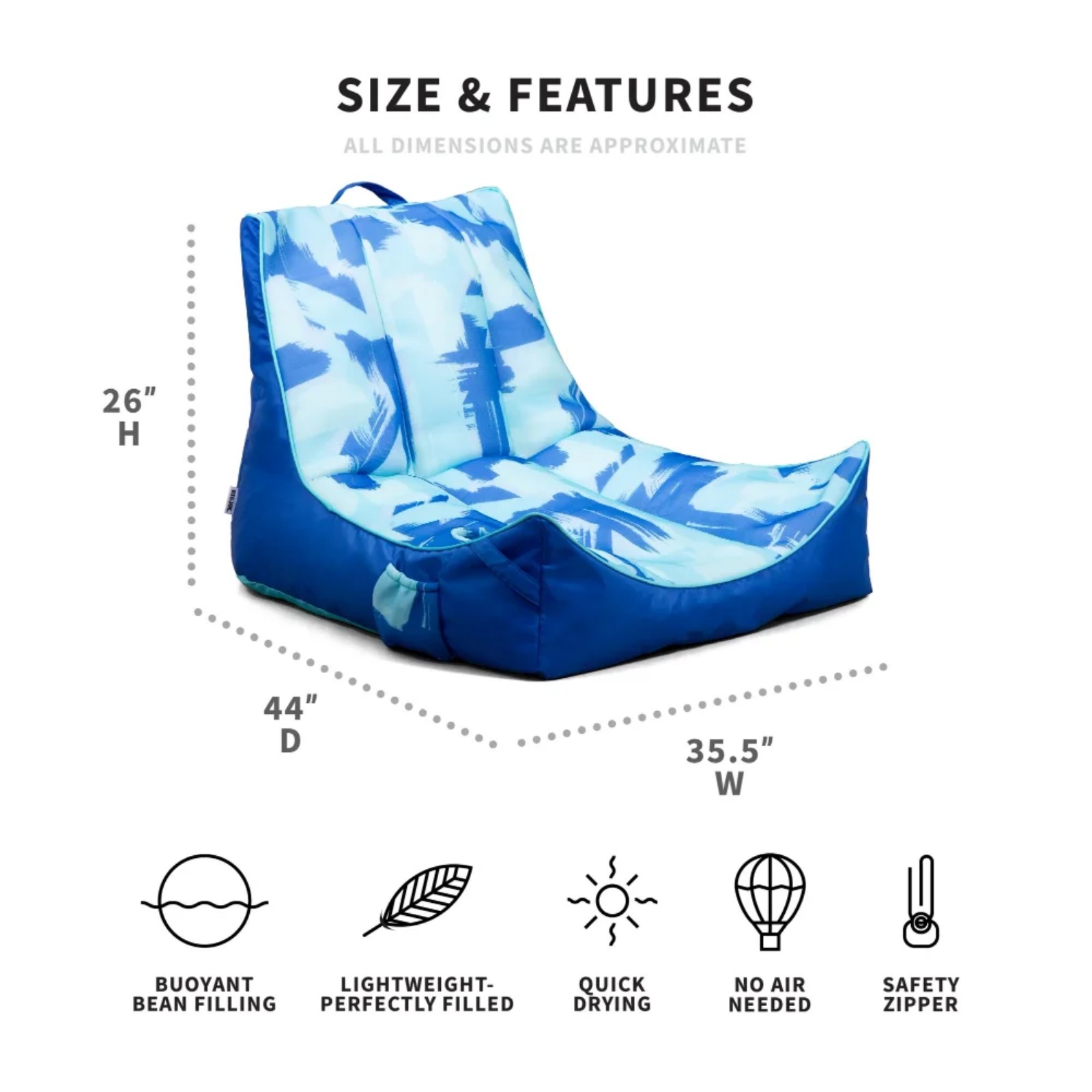 Big Joe Captain's Float No Inflation Needed Pool Lounger with Drink Holder, Paintbrush Blue Double Sided Mesh, Quick Draining