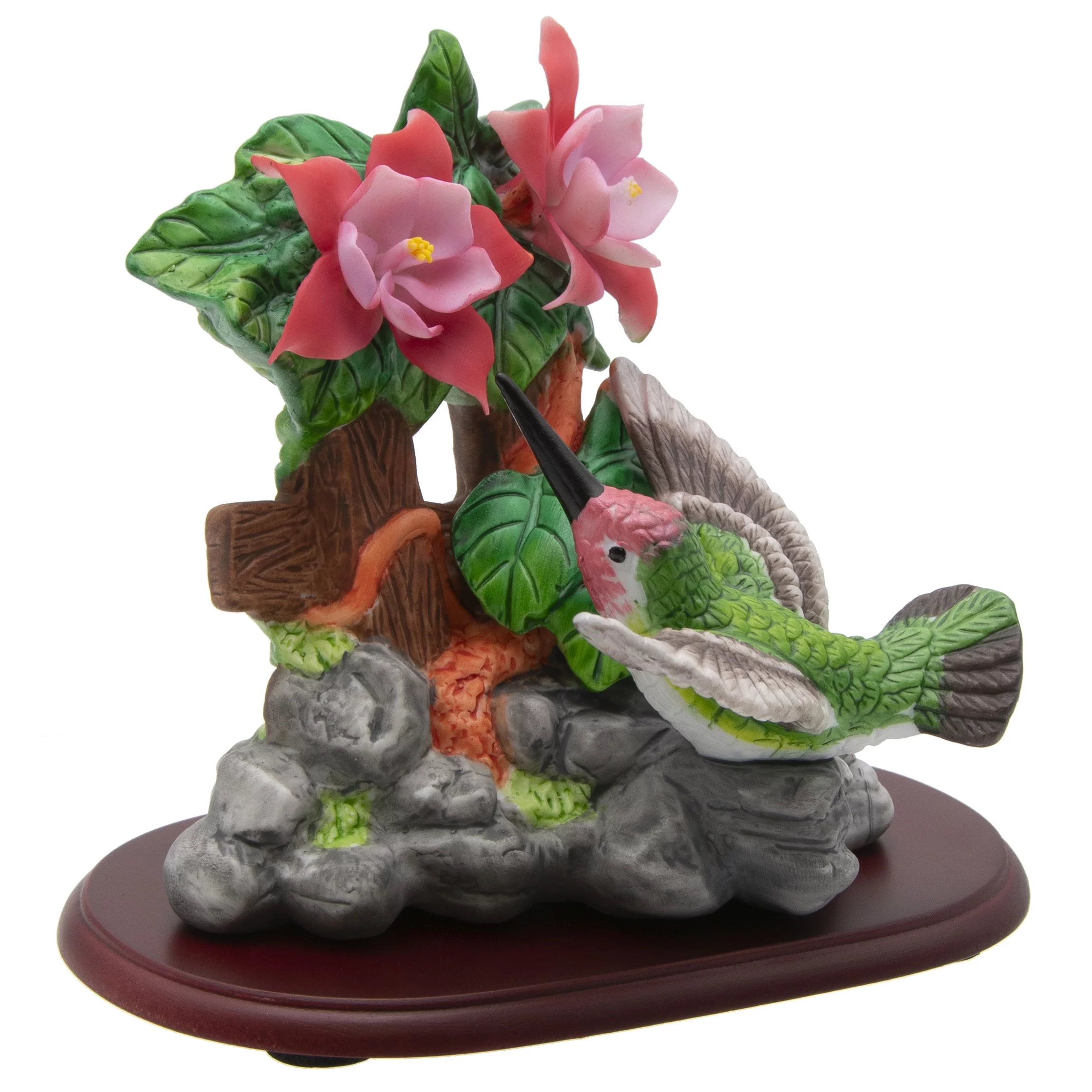 Porcelain Hummingbird and Fuchsia Flowers Figurine with Wooden Pedestal
