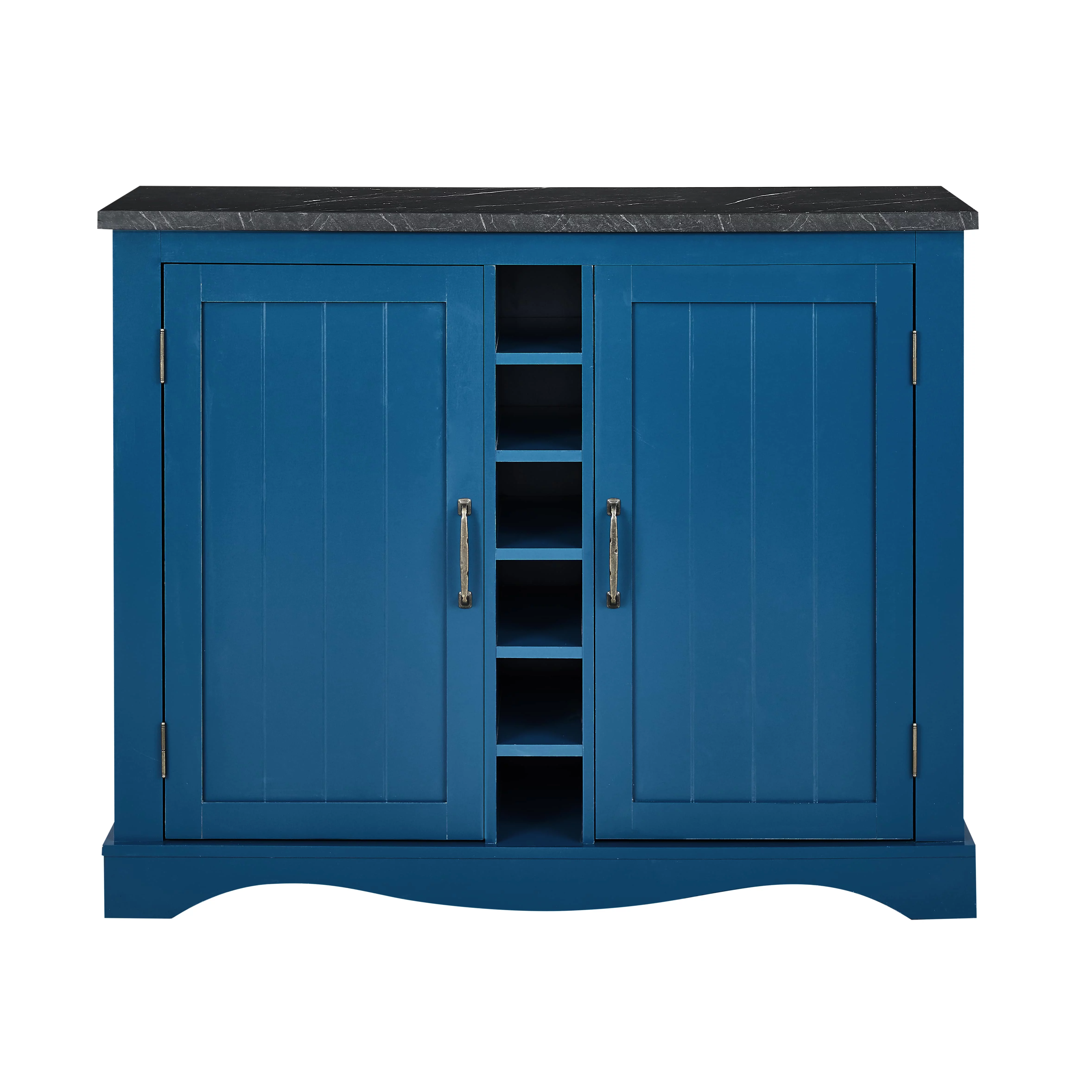 FESTIVO 47 in. Navy Blue Wood Buffet Bar Cabinet with Wine Rack with Marbling Pattern Countertop