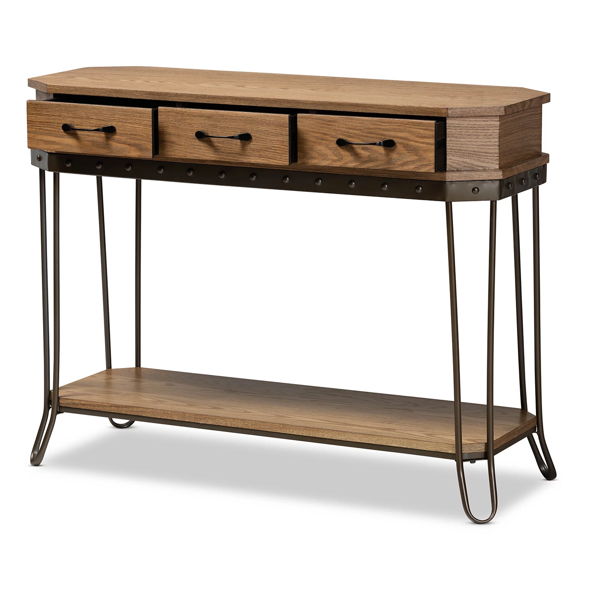Baxton Studio Kellyn Industrial Wood and Metal 3 Drawer Console Table, Oak