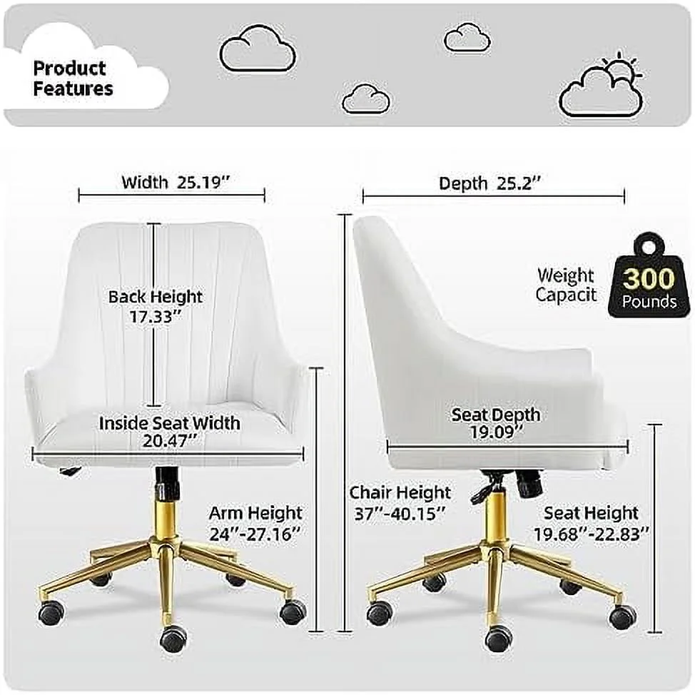 RSJIWOGZ Desk Chair for Home Office Velvet Modern Accent Chair Upholstered Tufted Office Chair with Gold Base Swivel Wheels and Adjustable Height Armchair Study Work Stool White Vanity Ch