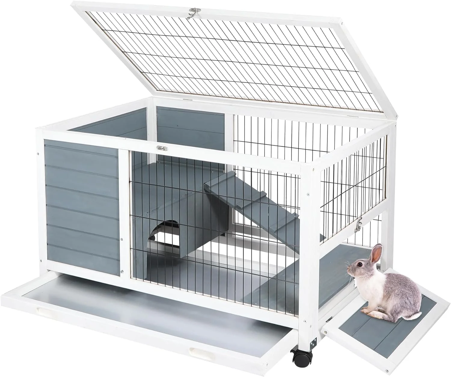 Lineslife Wooden Rabbit Hutch with Wheels Indoor Outdoor, Large Bunny Cage with Openable Roof, Pull Out Tray and ramp for Small Animals, Grey, 1 Floor